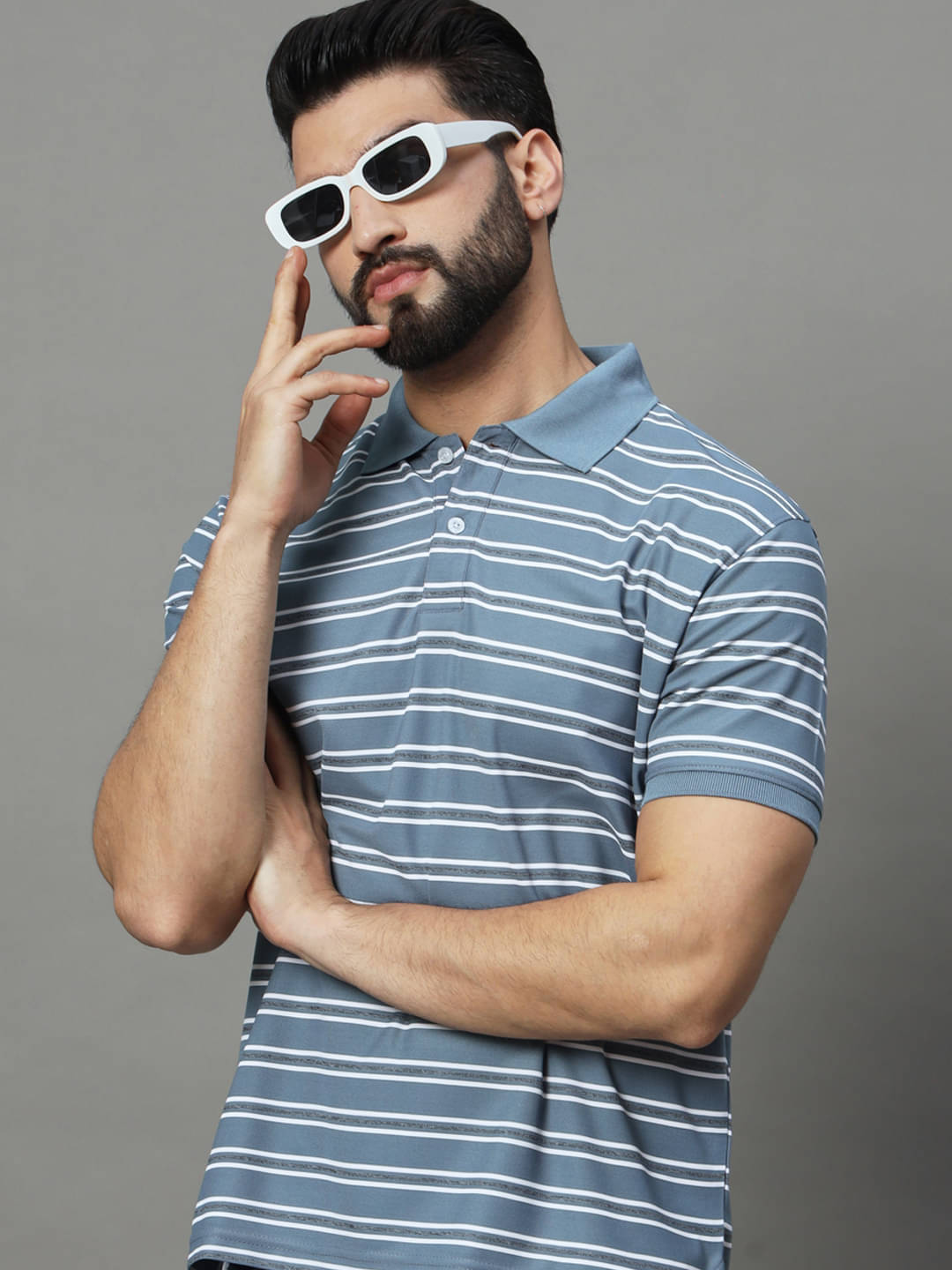 UNIBERRY Pack of 1 Cotton Blend Regular Fit Striped Half Sleeves Men's Polo T Shirt ( Grey ) UNIBERRY Pack of 1 Cotton Blend Regular Fit Striped Half Sleeves Men's Polo T Shirt ( Grey )
