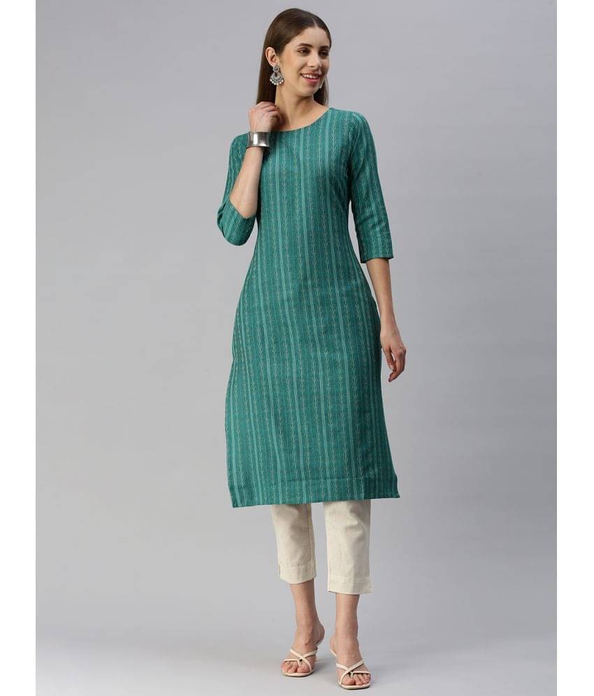 Aarrah Cotton Blend Self Design Straight Women's Kurti - Turquoise ( Pack of 1 ) Aarrah Cotton Blend Self Design Straight Women's Kurti - Turquoise ( Pack of 1 )