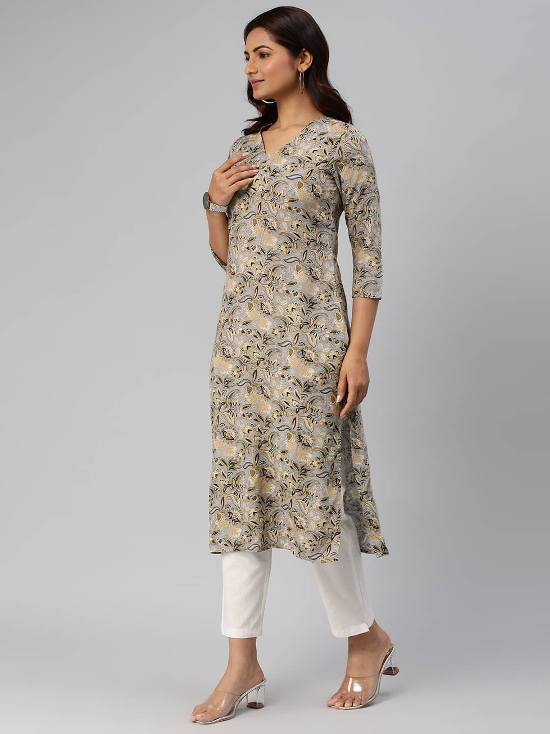     			Aarrah Rayon Printed Straight Women's Kurti - Grey ( Pack of 1 )