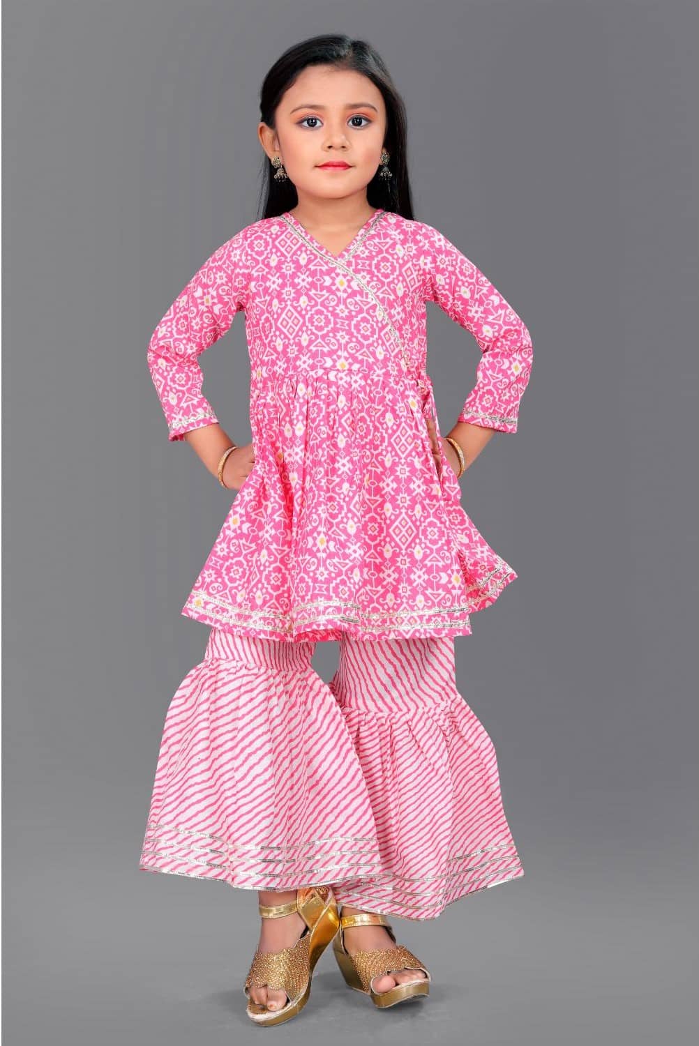 Aarya Designer Girls Cotton Kurta and Sharara Set ( Pack of 1 , Pink )