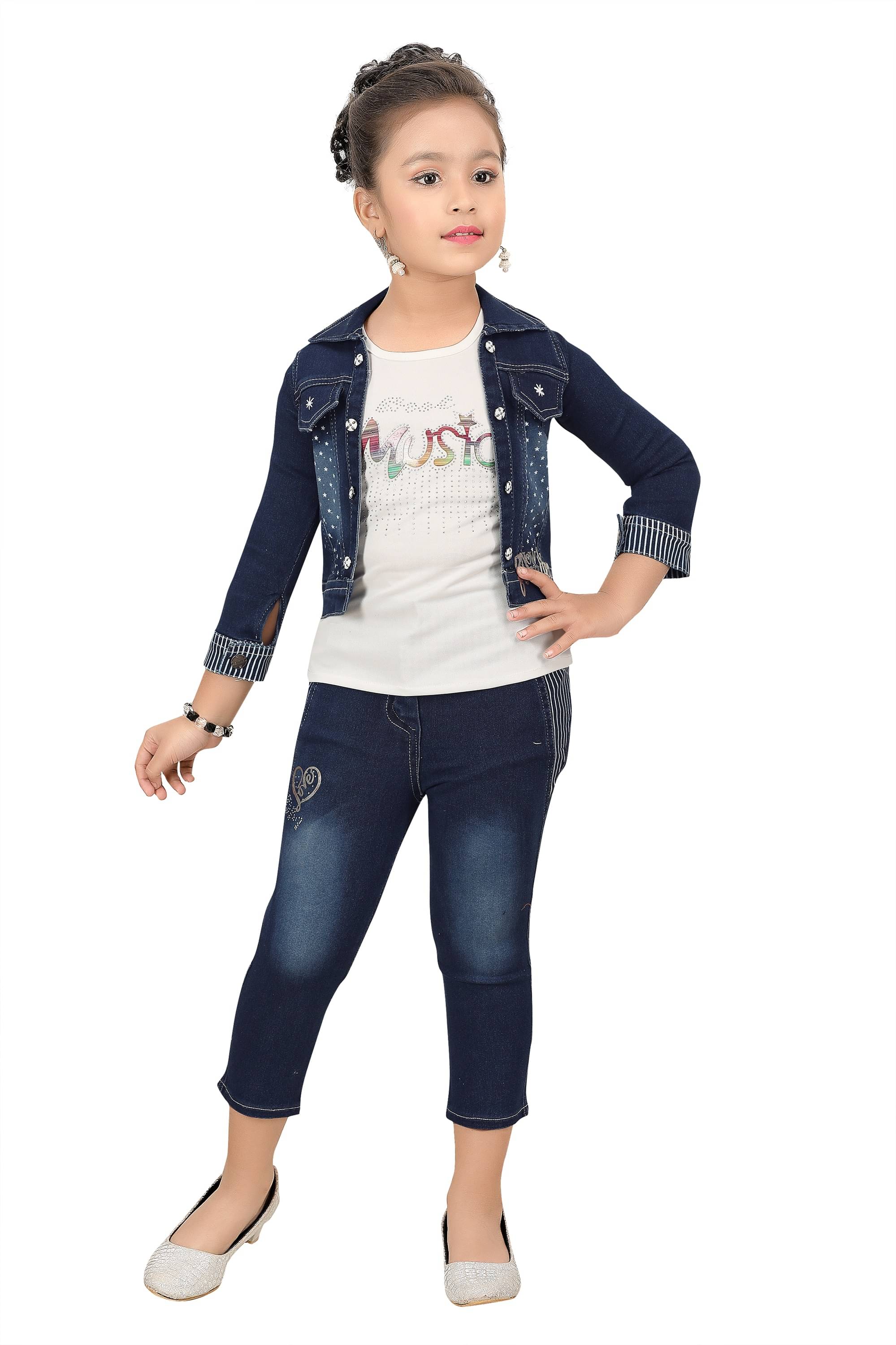     			Arshia Fashions Pack of 1 Girls Denim Top With Jacket With Capris ( Blue )