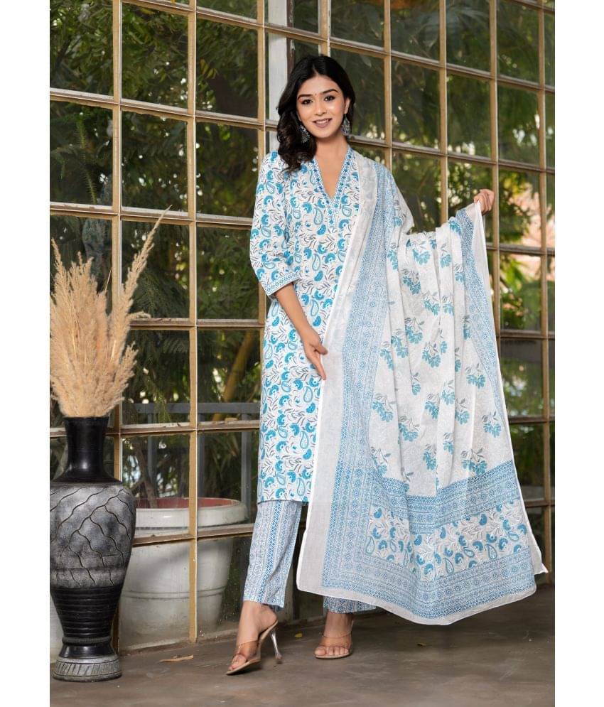 Doriya Cotton Blend Embroidered Kurti With Pants Women's Stitched Salwar Suit - Blue ( Pack of 1 ) Doriya Cotton Blend Embroidered Kurti With Pants Women's Stitched Salwar Suit - Blue ( Pack of 1 )
