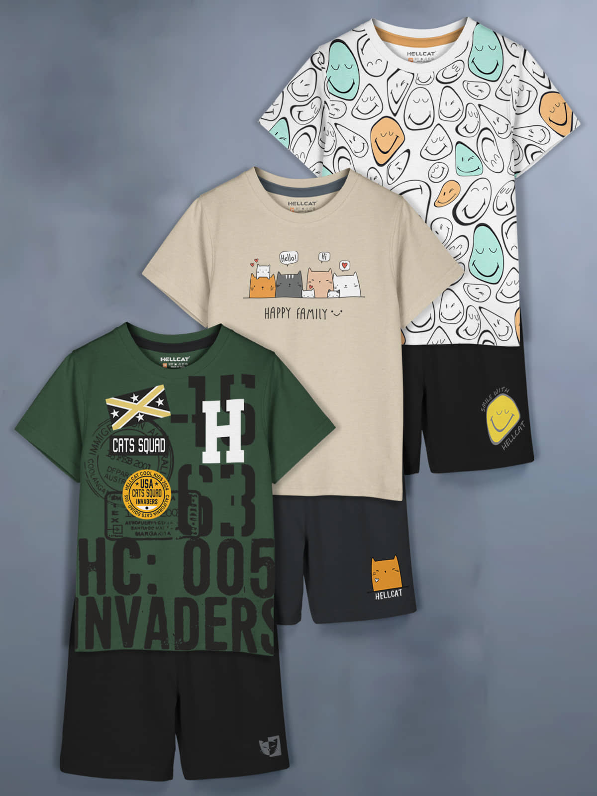 HELLCAT Olive Cotton Blend Baby Boy T-Shirt & Shorts ( Pack of 3 )
