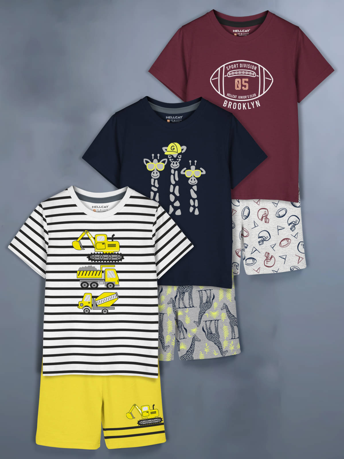     			HELLCAT White Cotton Blend Baby Boy T-Shirt & Shorts ( Pack of 3 )