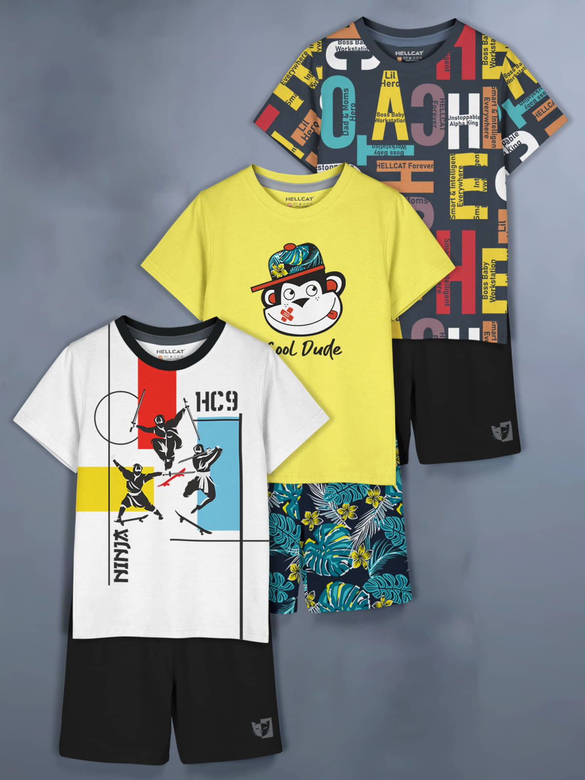     			HELLCAT White Cotton Blend Baby Boy T-Shirt & Shorts ( Pack of 3 )