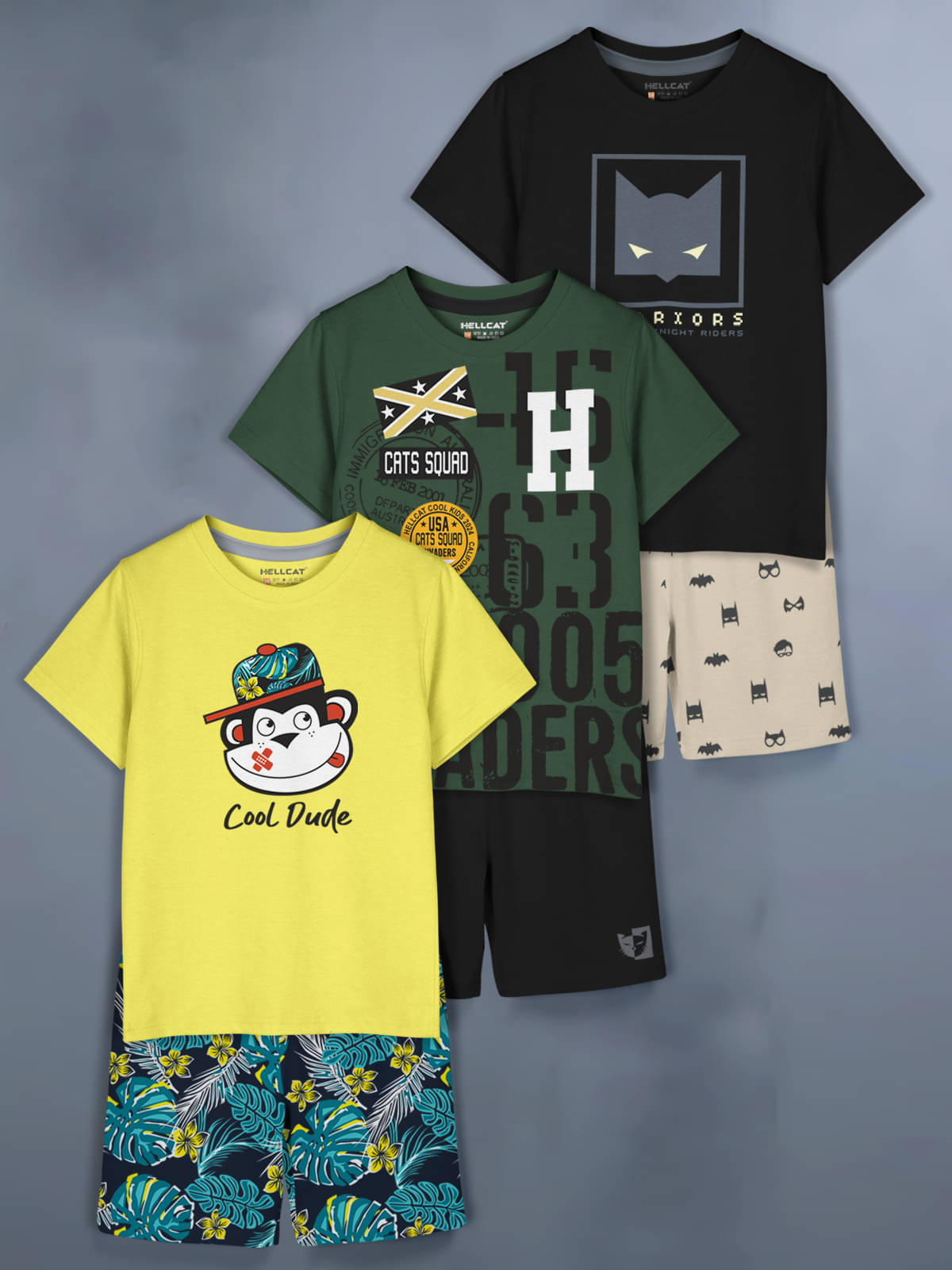     			HELLCAT Yellow Cotton Blend Baby Boy T-Shirt & Shorts ( Pack of 3 )
