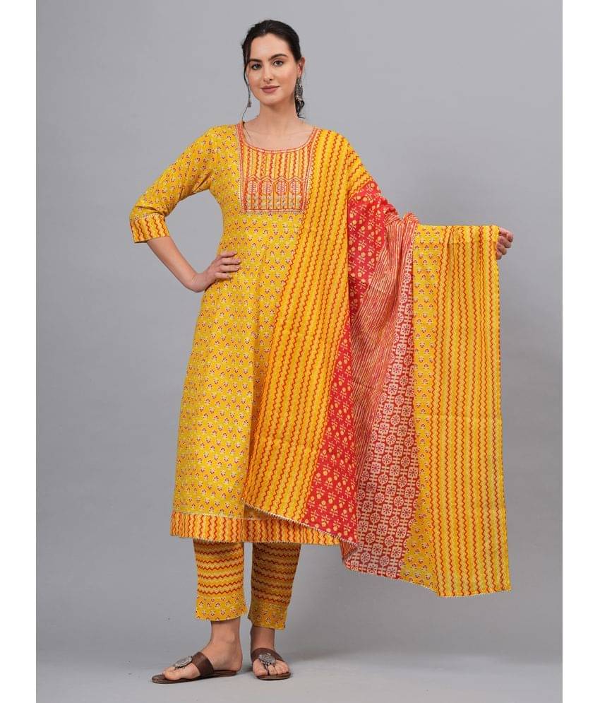    			HIGHLIGHT FASHION EXPORT Cotton Self Design Kurti With Pants Women's Stitched Salwar Suit - Yellow ( Pack of 1 )