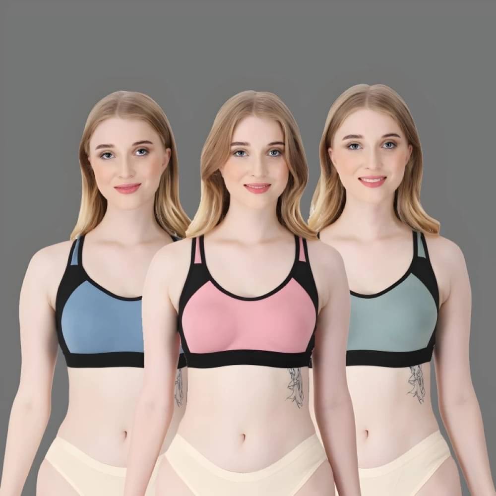 Kiran Enterprises Multicolor Cotton Non Padded Women's Sports Bra ( Pack of 3 ) Kiran Enterprises Multicolor Cotton Non Padded Women's Sports Bra ( Pack of 3 )