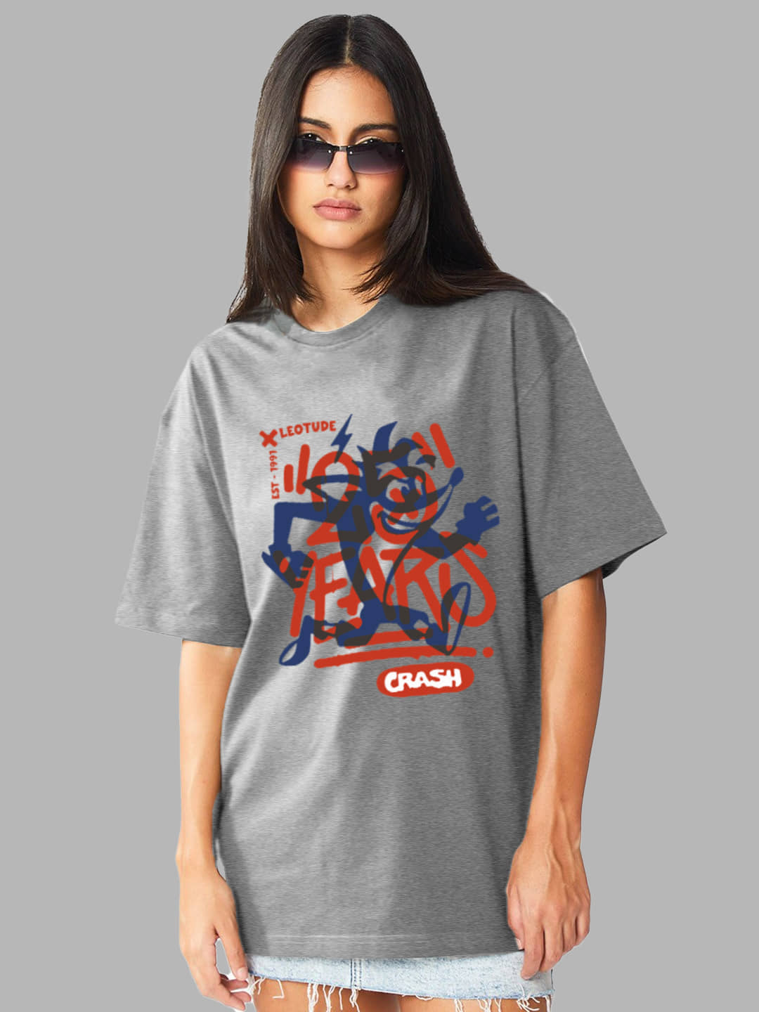 Leotude Women Cotton Blend Printed Oversized Fit Round Neck T-Shirt ( Grey )