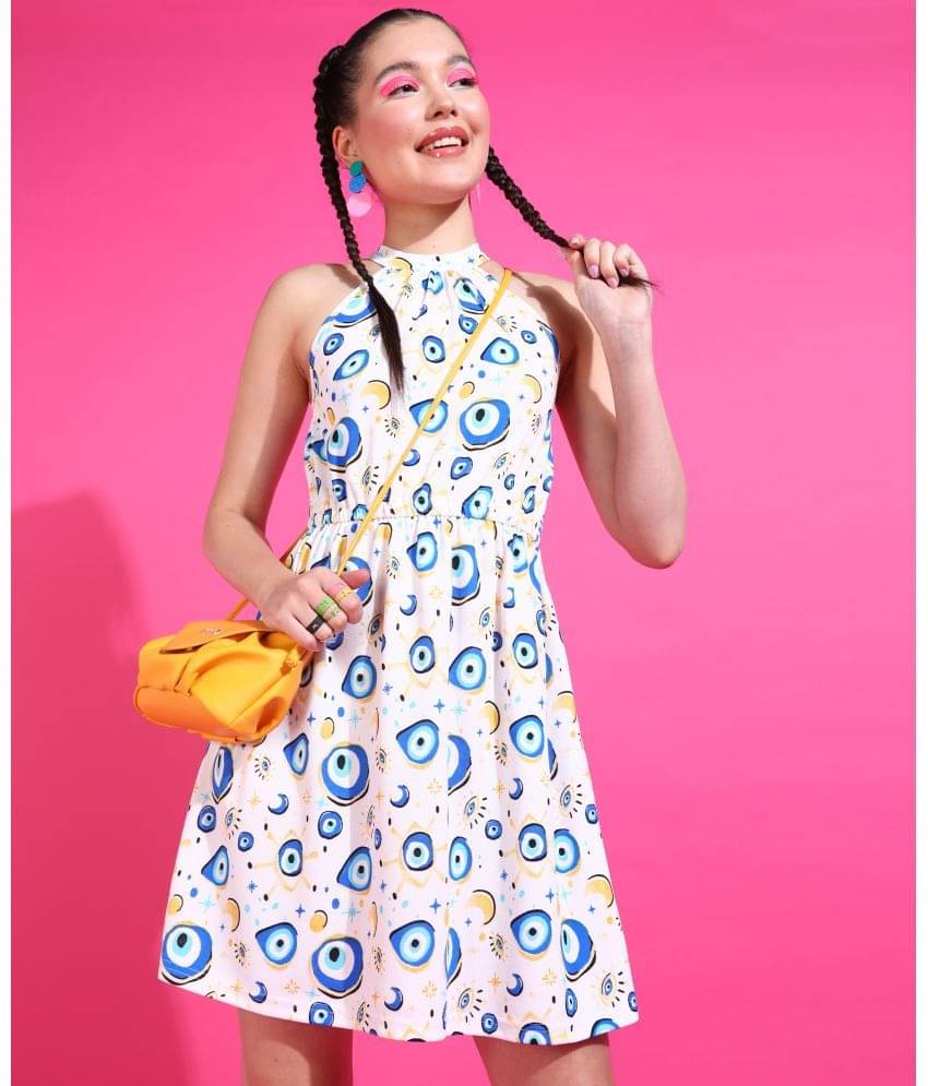     			POPWINGS Women Polyester Printed A-line Dress ( White )