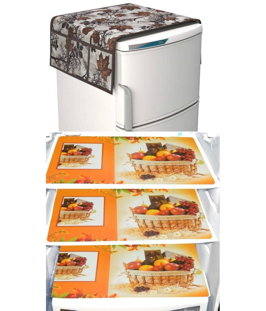     			SHUBH Polyester Floral Fridge Mat & Cover ( 99 58 ) Pack of 4 - Brown