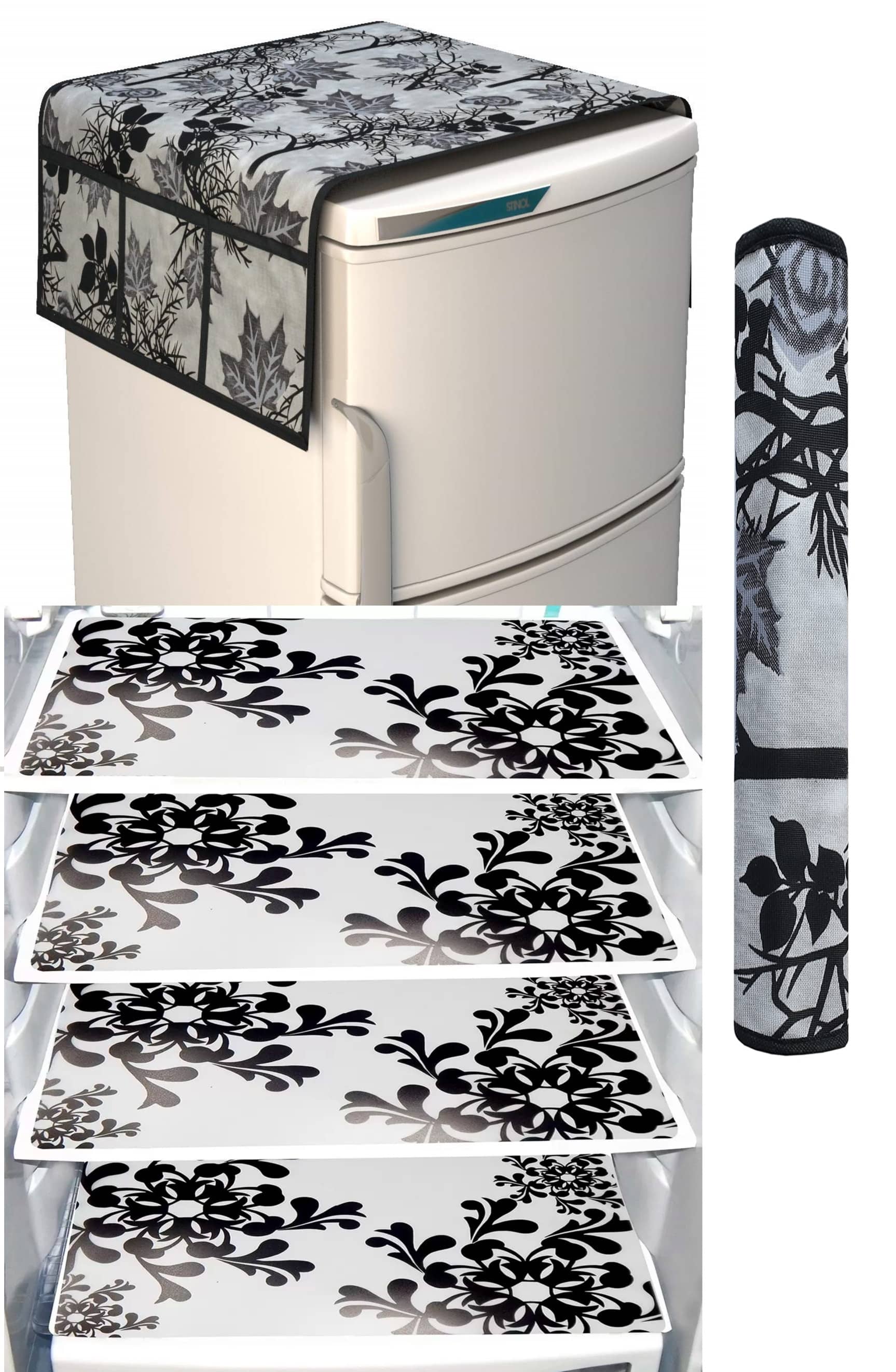 SHUBH Polyester Floral Fridge Mat & Cover ( 99 58 ) Pack of 6 - Black
