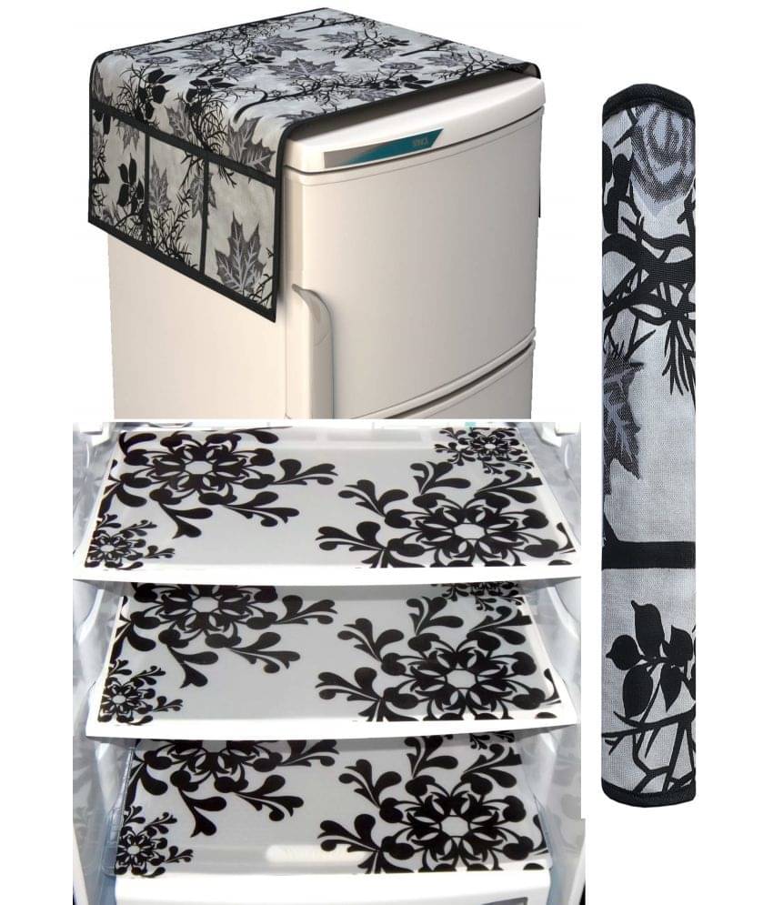     			SHUBH Polyester Floral Fridge Mat & Cover ( 99 58 ) Pack of 5 - Black