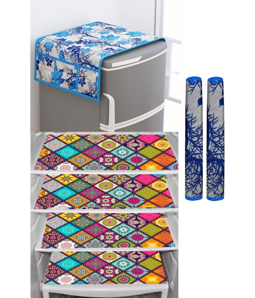 SHUBH Polyester Floral Fridge Mat & Cover ( 99 58 ) Pack of 7 - Blue