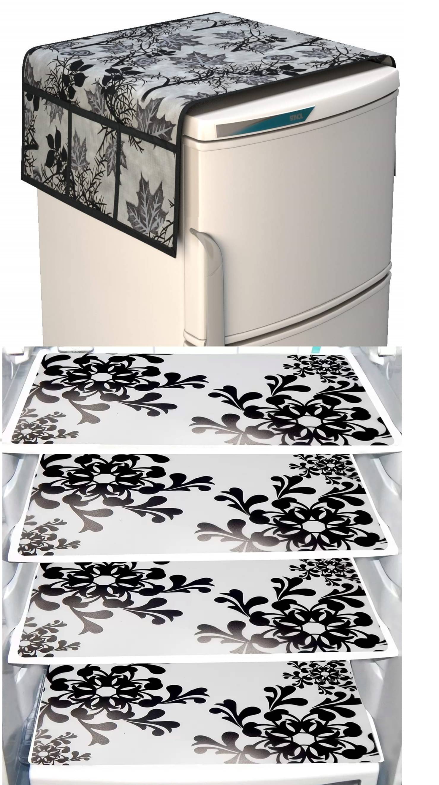     			SHUBH Polyester Floral Fridge Mat & Cover ( 99 58 ) Pack of 5 - Black