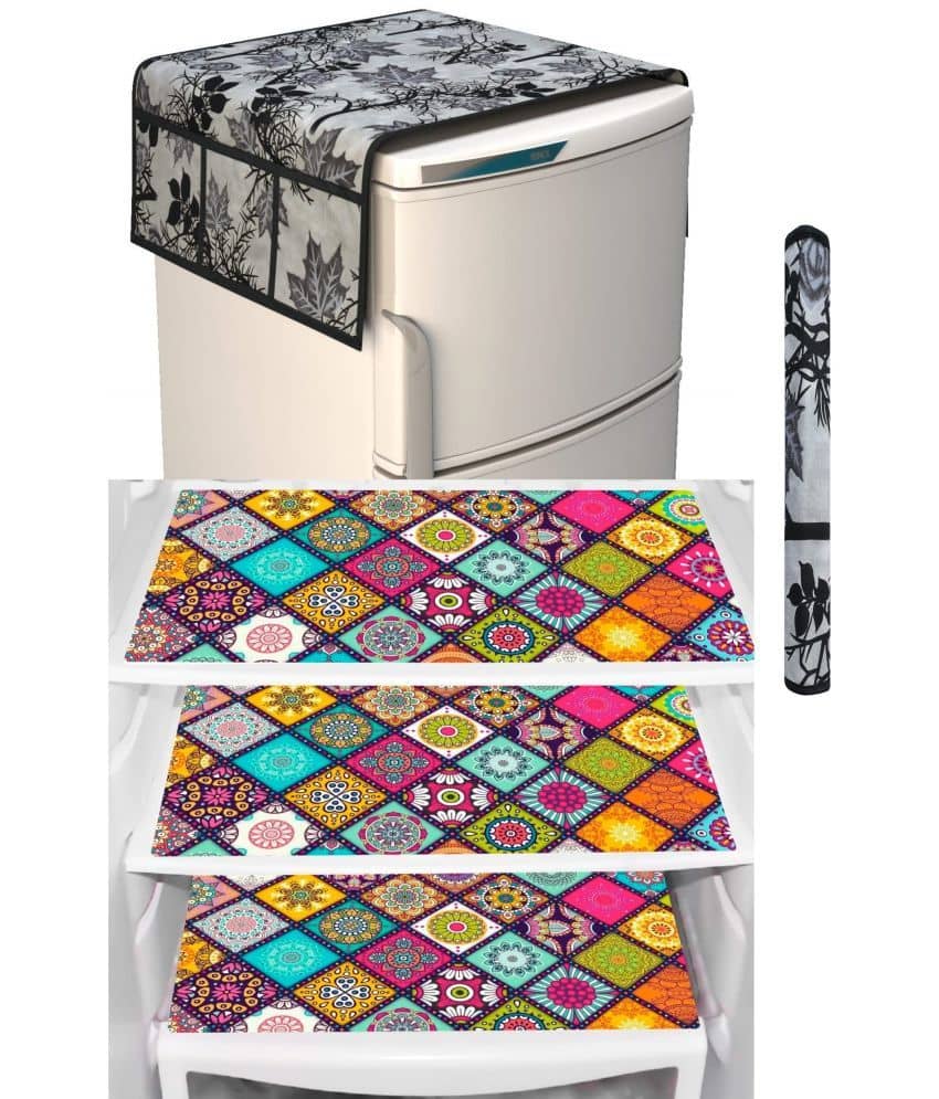 SHUBH Polyester Floral Fridge Mat & Cover ( 99 58 ) Pack of 5 - Black