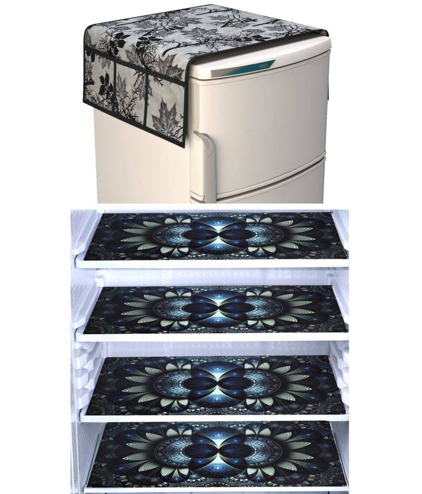     			SHUBH Polyester Floral Fridge Mat & Cover ( 99 58 ) Pack of 5 - Black