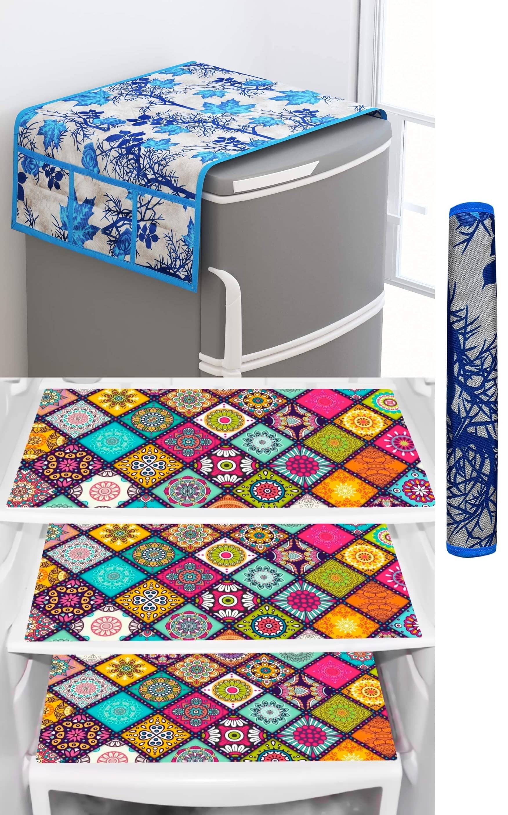 SHUBH Polyester Floral Fridge Mat & Cover ( 99 58 ) Pack of 5 - Blue