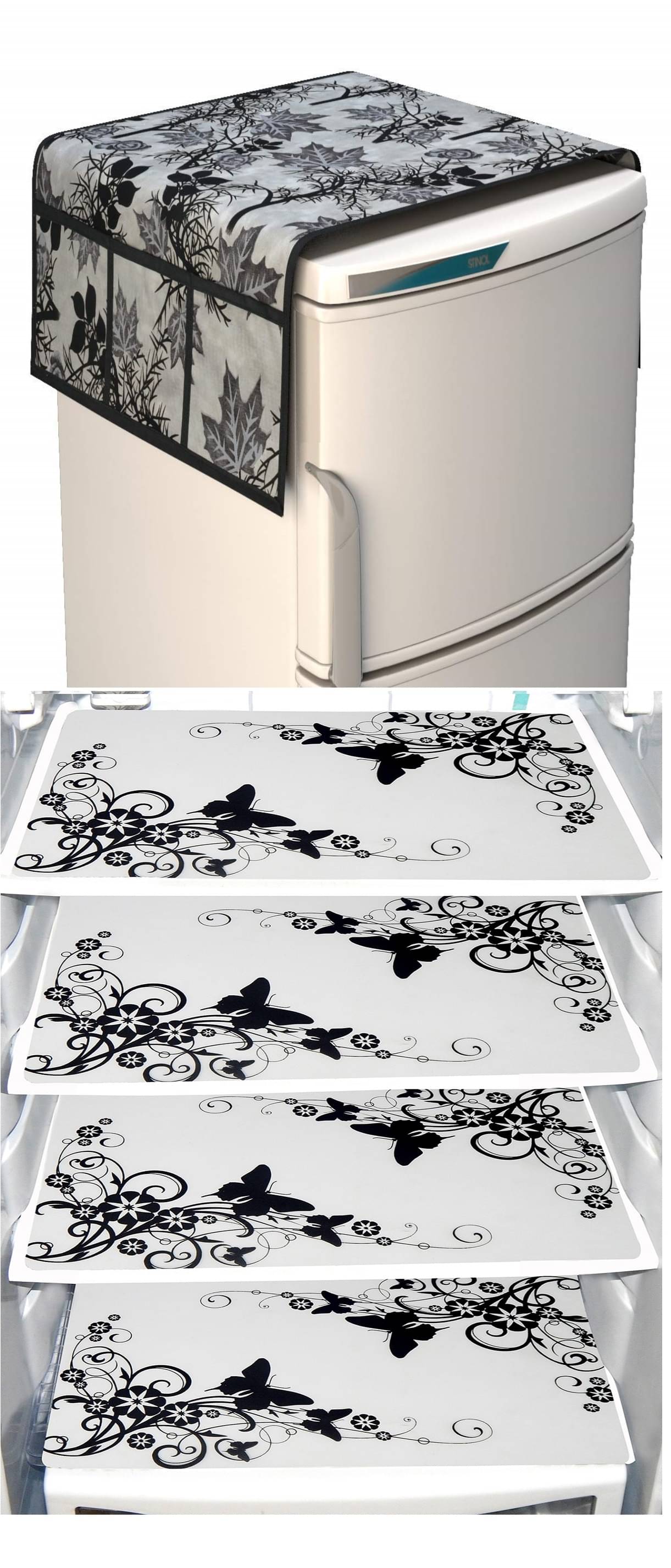     			SHUBH Polyester Floral Fridge Mat & Cover ( 99 58 ) Pack of 5 - Black