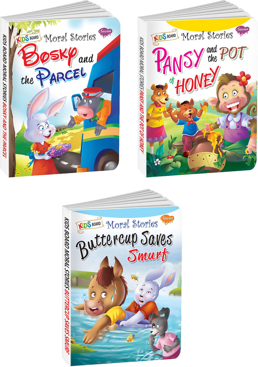 Sawan Present Set Of 3 Books | Kids Board Moral Stories | Bosky And The Parcel, Pansy And The Pot Of Honey And Buttercup Saves Smurf (Board Book, Manoj Publications Editorial Board) Sawan Present Set Of 3 Books | Kids Board Moral Stories | Bosky And The Parcel, Pansy And The Pot Of Honey And Buttercup Saves Smurf (Board Book, Manoj Publications Editorial Board)