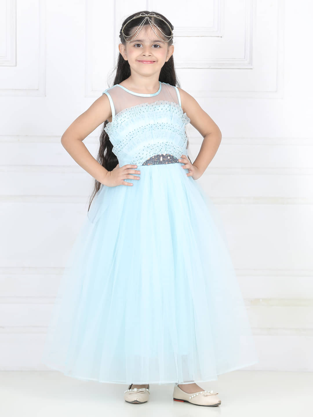 Toy Balloon Kids Net Fit And Flare Dress For Girls ( Pack of 1 , Sky Blue )