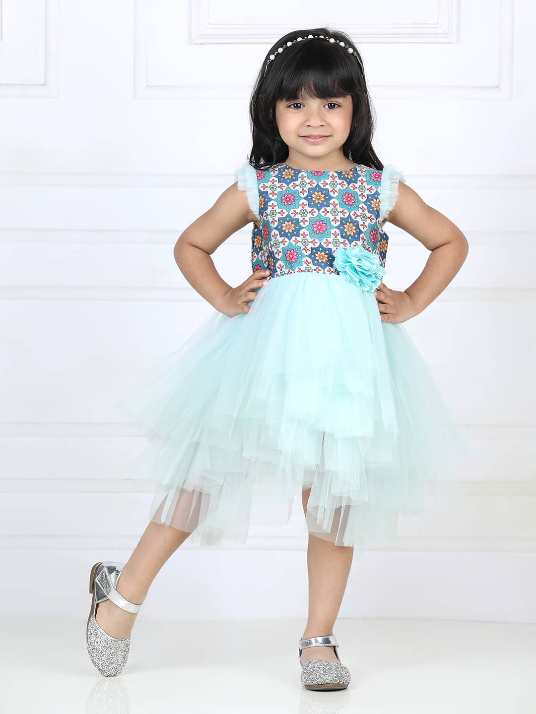     			Toy Balloon Kids Net Fit And Flare Dress For Girls ( Pack of 1 , Turquoise )