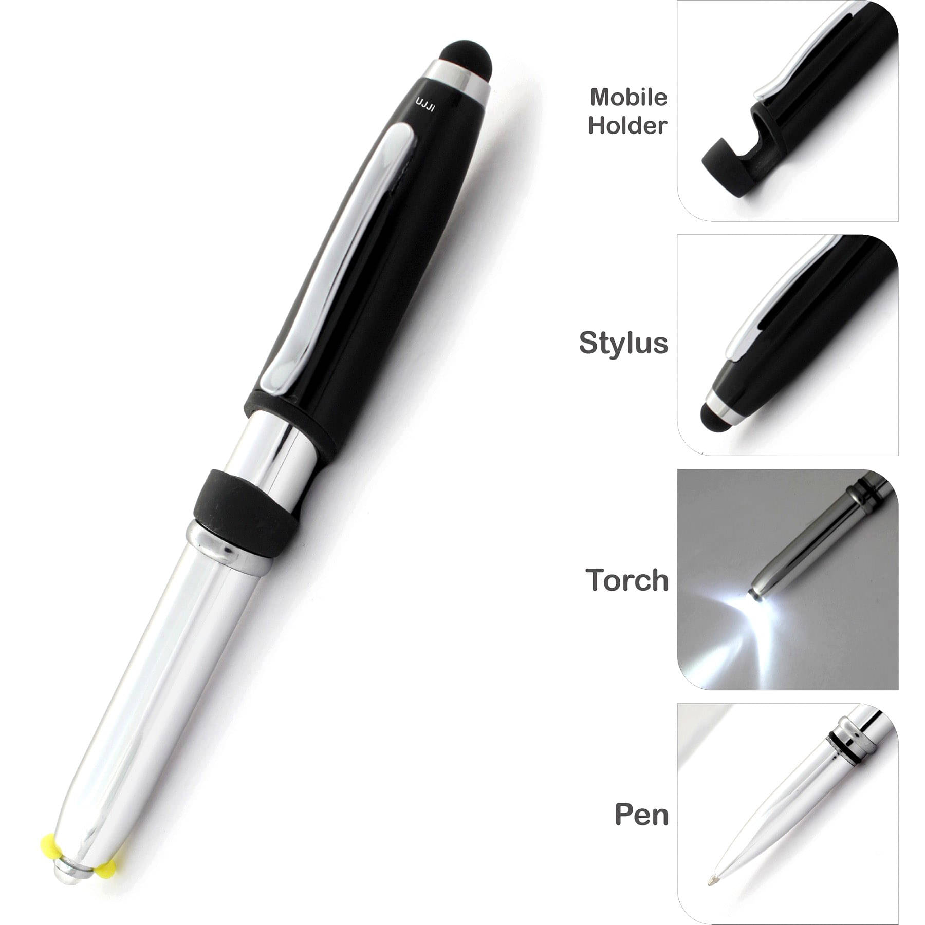     			UJJi 4in1 Traveller Pen with Stylus, Mobile Holder & Torch (Blue Ink) Multi Function Pen