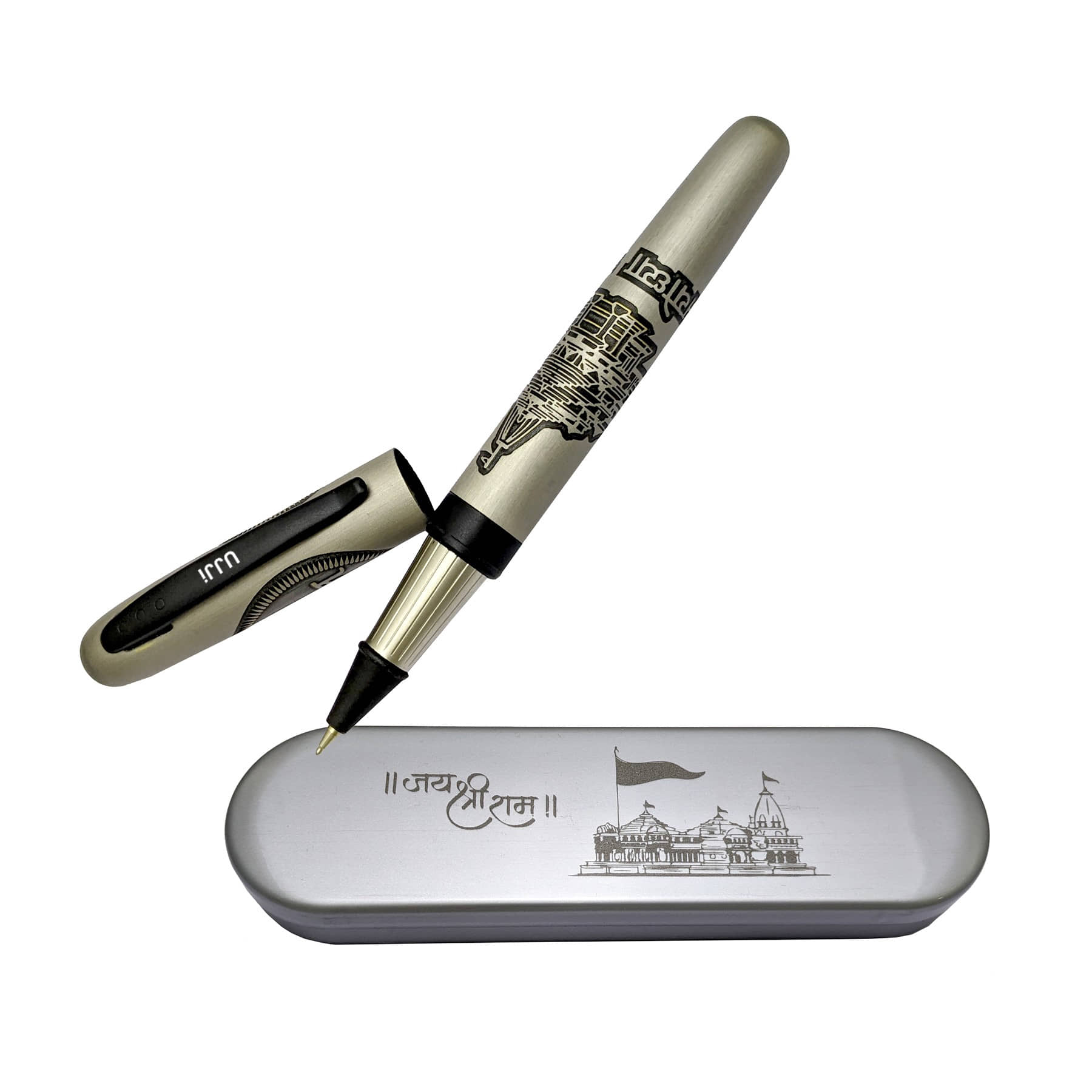 UJJi Jai Shri Ram Mandir Ayodhya Carved Silver Colour Metal (Blue Ink) Roller Ball Pen