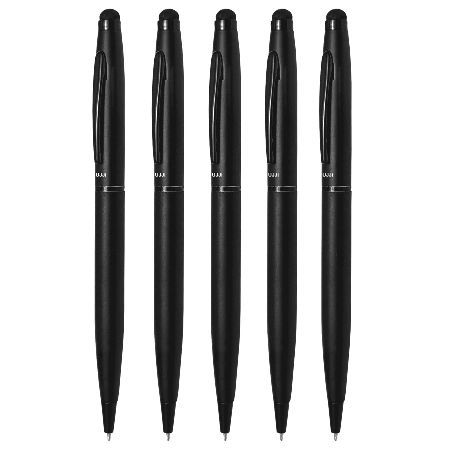     			UJJi Matte Black Pen with Stylus for Touch Screen Pack of 5pcs (Blue Ink) Ball Pen