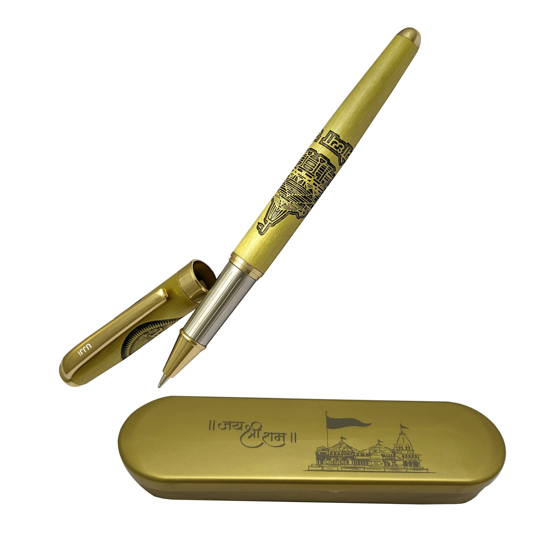 UJJi Shree Ram Mandir Ayodhya Carved Golden Color Metal (Blue Ink) Roller Ball Pen UJJi Shree Ram Mandir Ayodhya Carved Golden Color Metal (Blue Ink) Roller Ball Pen