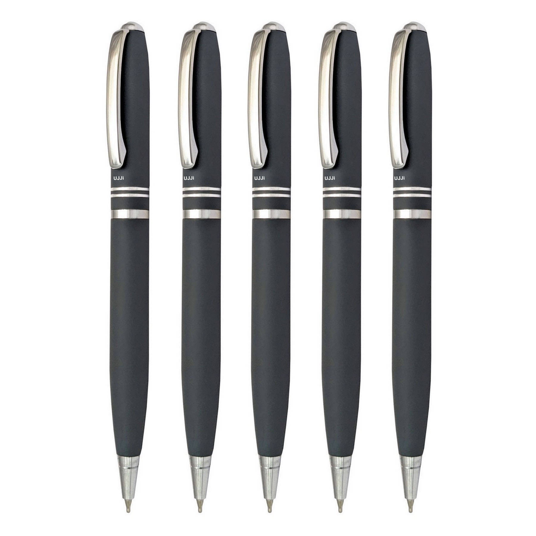     			UJJi Two Ring Matte Grey Color Twist On & Off Pack of 5pcs (Blue Ink) Ball Pen