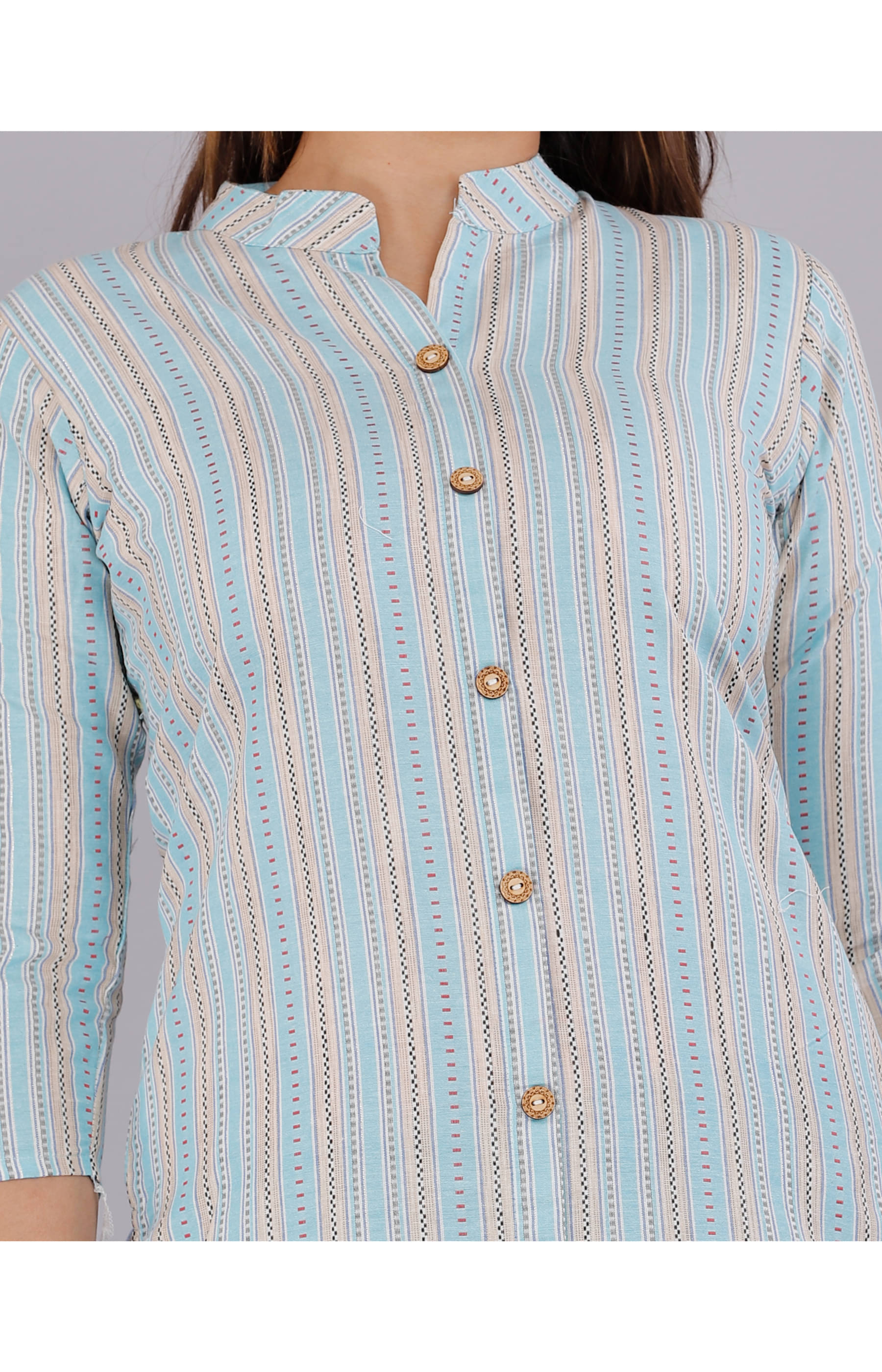 Vashineh Cotton Striped Straight Women's Kurti - Blue ( Pack of 1 ) Vashineh Cotton Striped Straight Women's Kurti - Blue ( Pack of 1 )