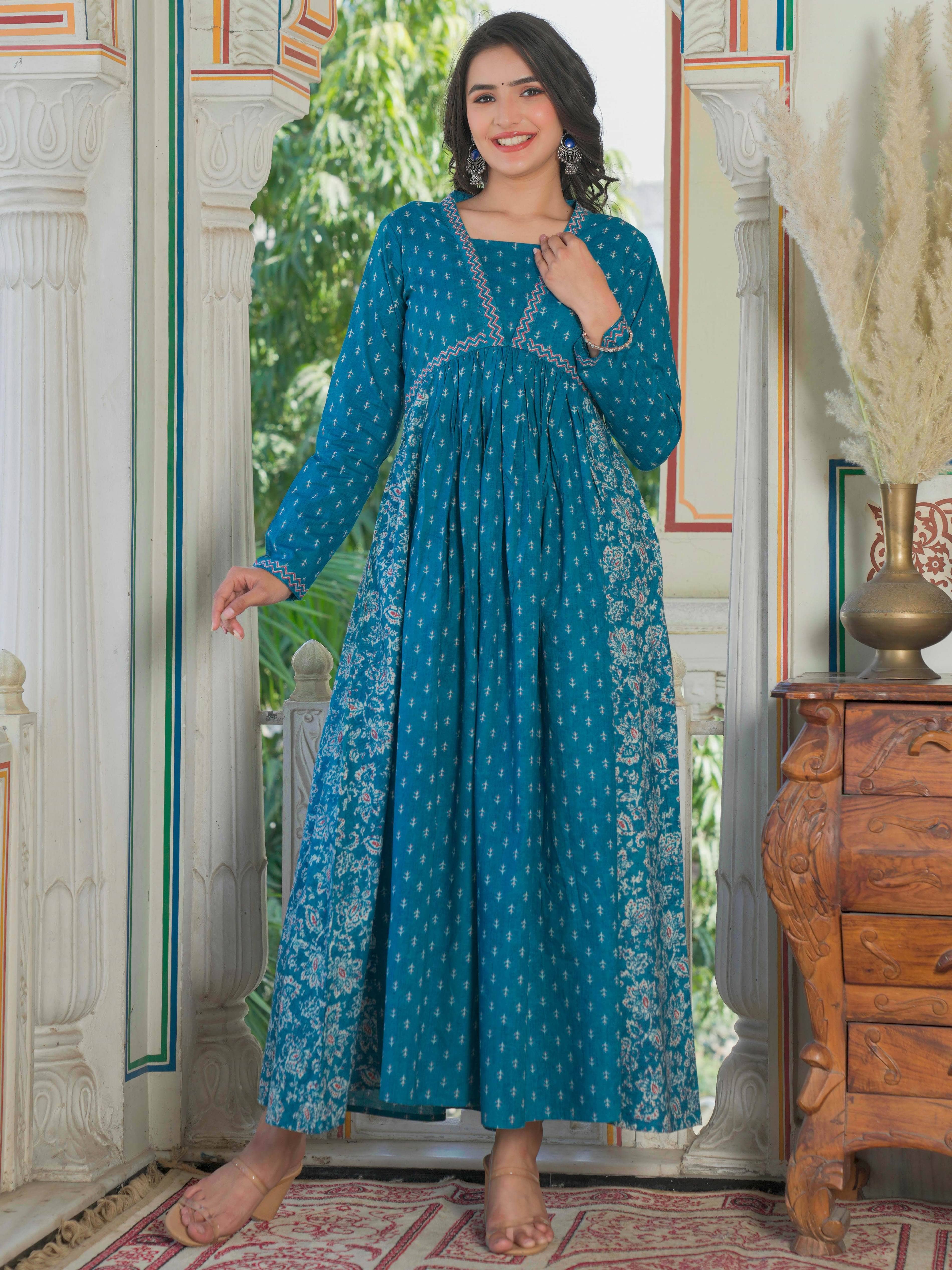 Vbuyz Cotton Printed Anarkali Women's Kurti - Blue ( Pack of 1 ) - Kurtis, Tunics | Buy online on ZillyBuy