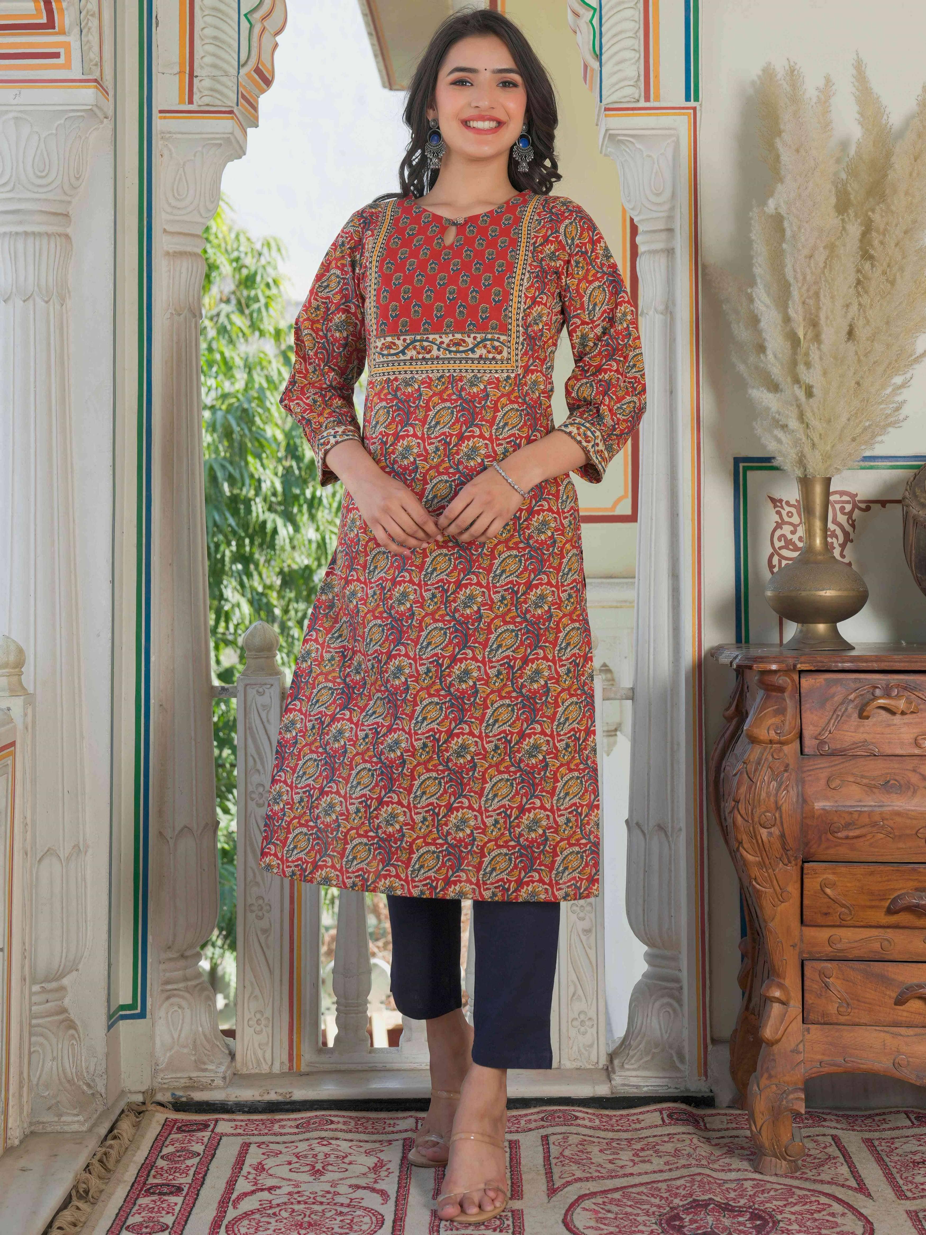 Vbuyz Cotton Printed Straight Women's Kurti - Maroon ( Pack of 1 ) - Kurtis, Tunics | Buy online on ZillyBuy