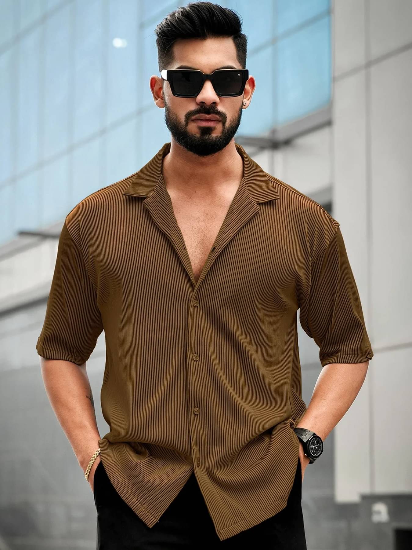     			clafoutis Polyester Regular Fit Self Design Half Sleeves Men's Casual Shirt - Brown ( Pack of 1 )