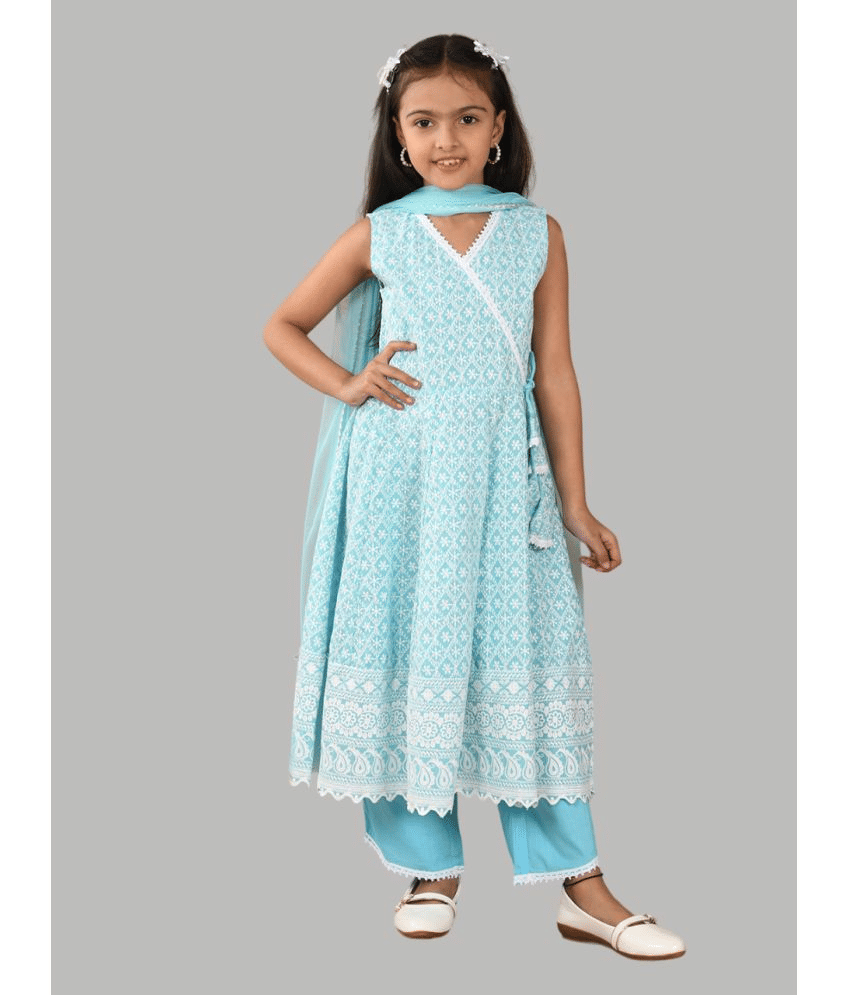 HLGARMENTS Girls Cotton Anarkali Suit Set ( Pack of 3 , Sky Blue )