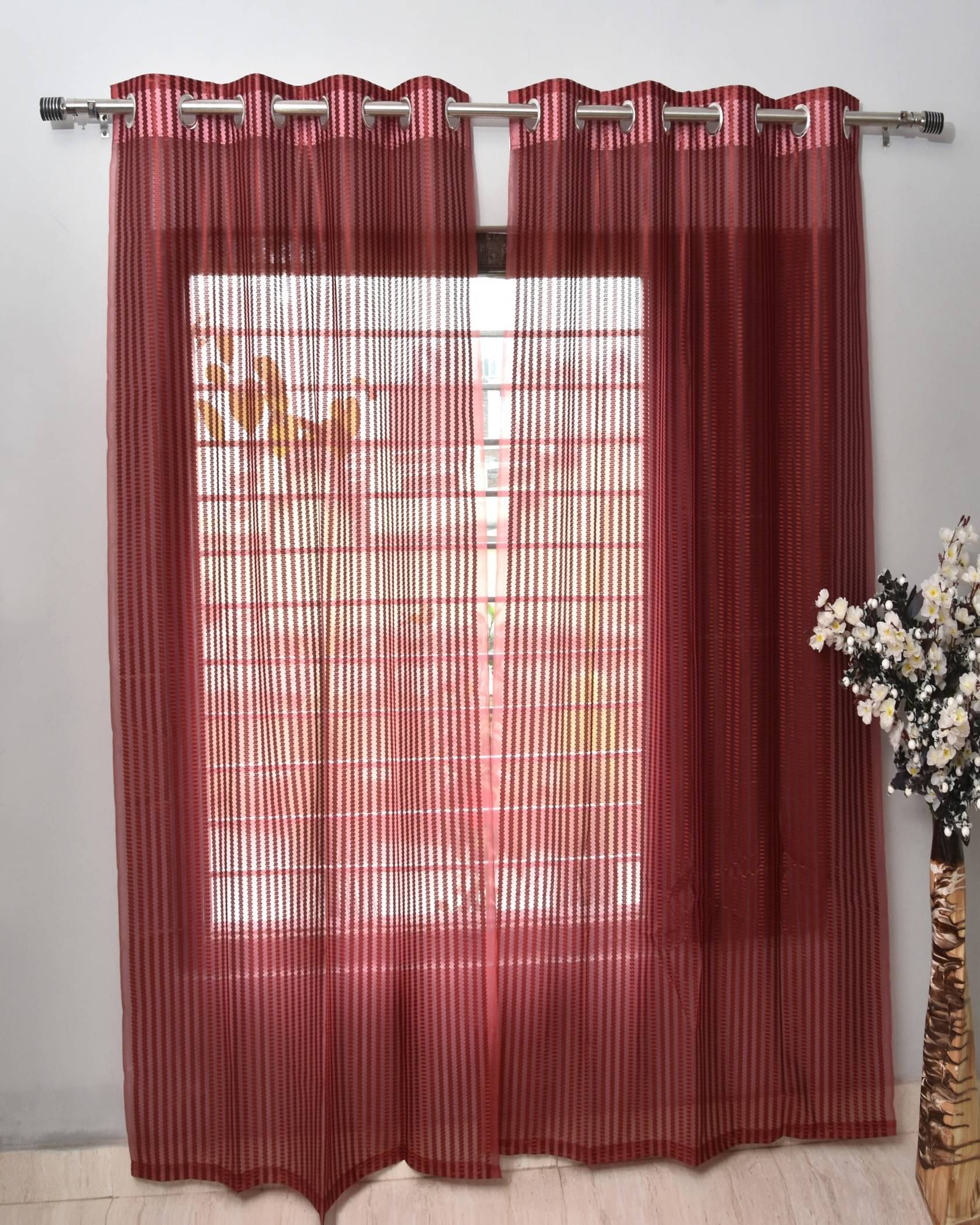 Homefab India Textured Sheer Eyelet Curtain 5 ft ( Pack of 2 ) - Maroon Homefab India Textured Sheer Eyelet Curtain 5 ft ( Pack of 2 ) - Maroon