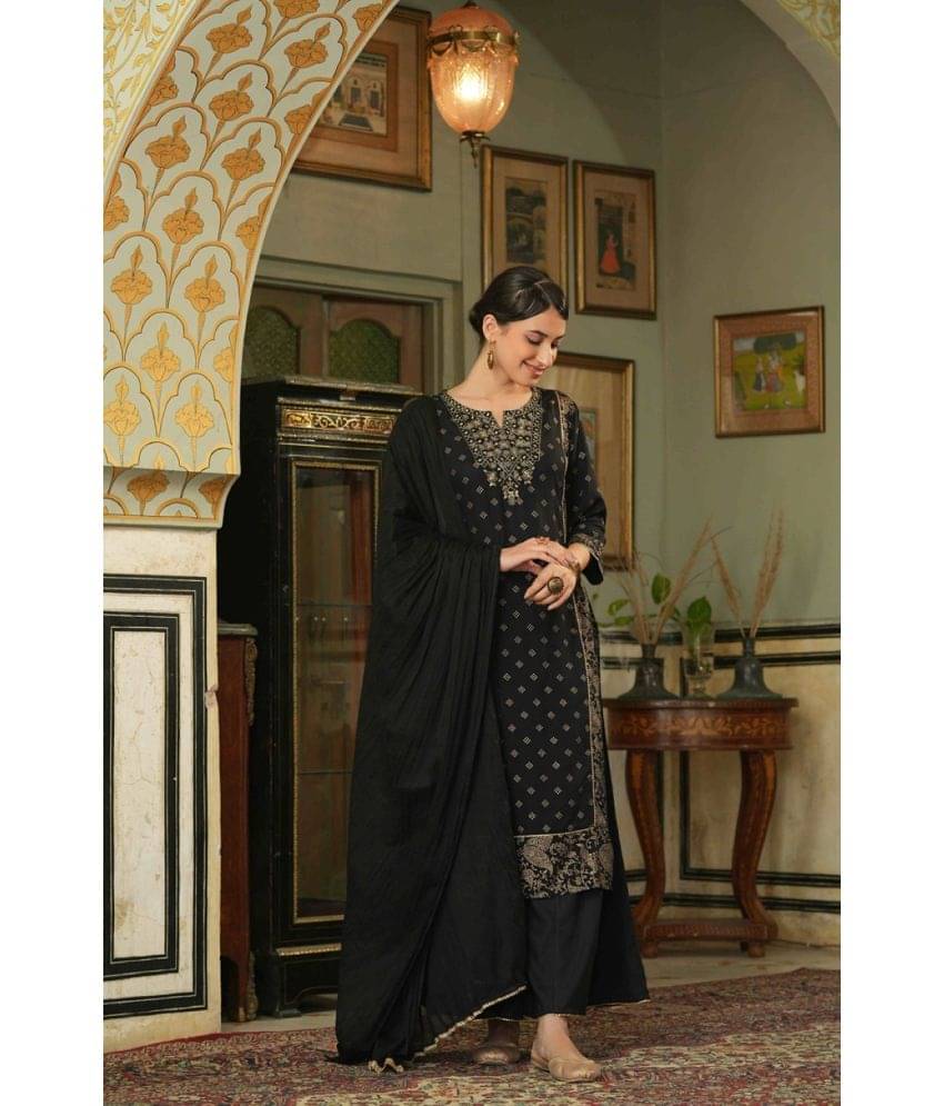     			Juniper Rayon Printed Kurti With Palazzo Women's Stitched Salwar Suit - Black ( Pack of 1 )