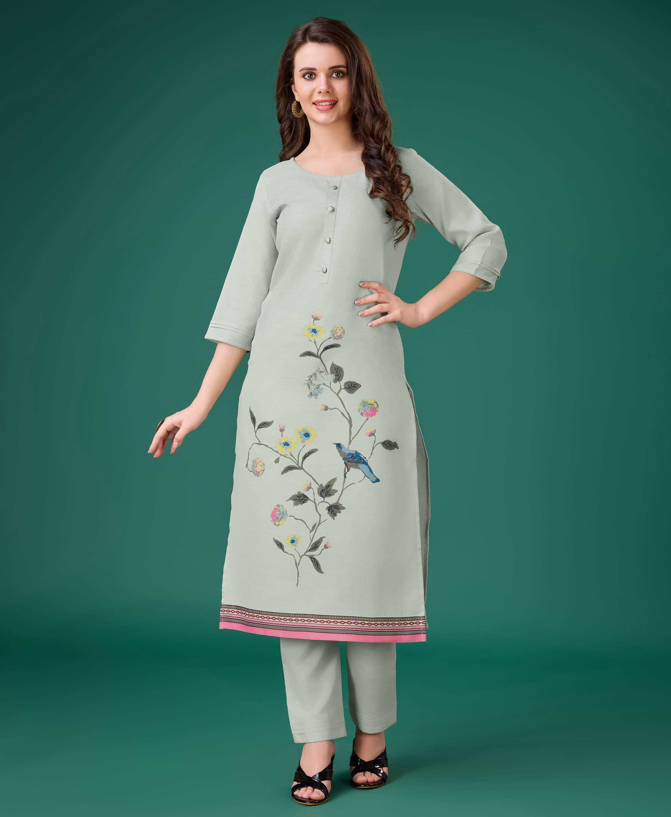 MOJILAA Linen Printed Kurti With Pants Women's Stitched Salwar Suit - Grey ( Pack of 1 ) MOJILAA Linen Printed Kurti With Pants Women's Stitched Salwar Suit - Grey ( Pack of 1 )