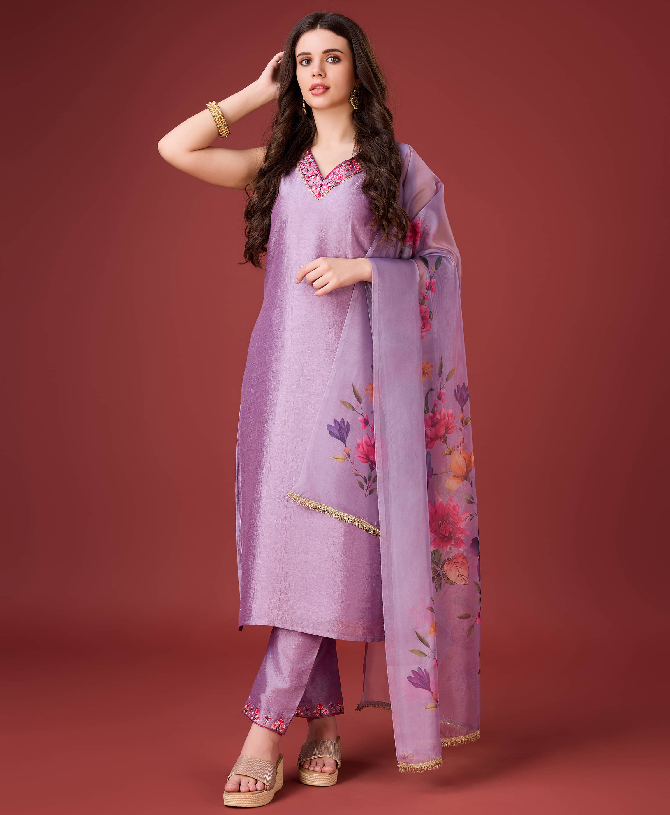 MOJILAA Silk Embroidered Kurti With Pants Women's Stitched Salwar Suit - Lavender ( Pack of 1 ) MOJILAA Silk Embroidered Kurti With Pants Women's Stitched Salwar Suit - Lavender ( Pack of 1 )
