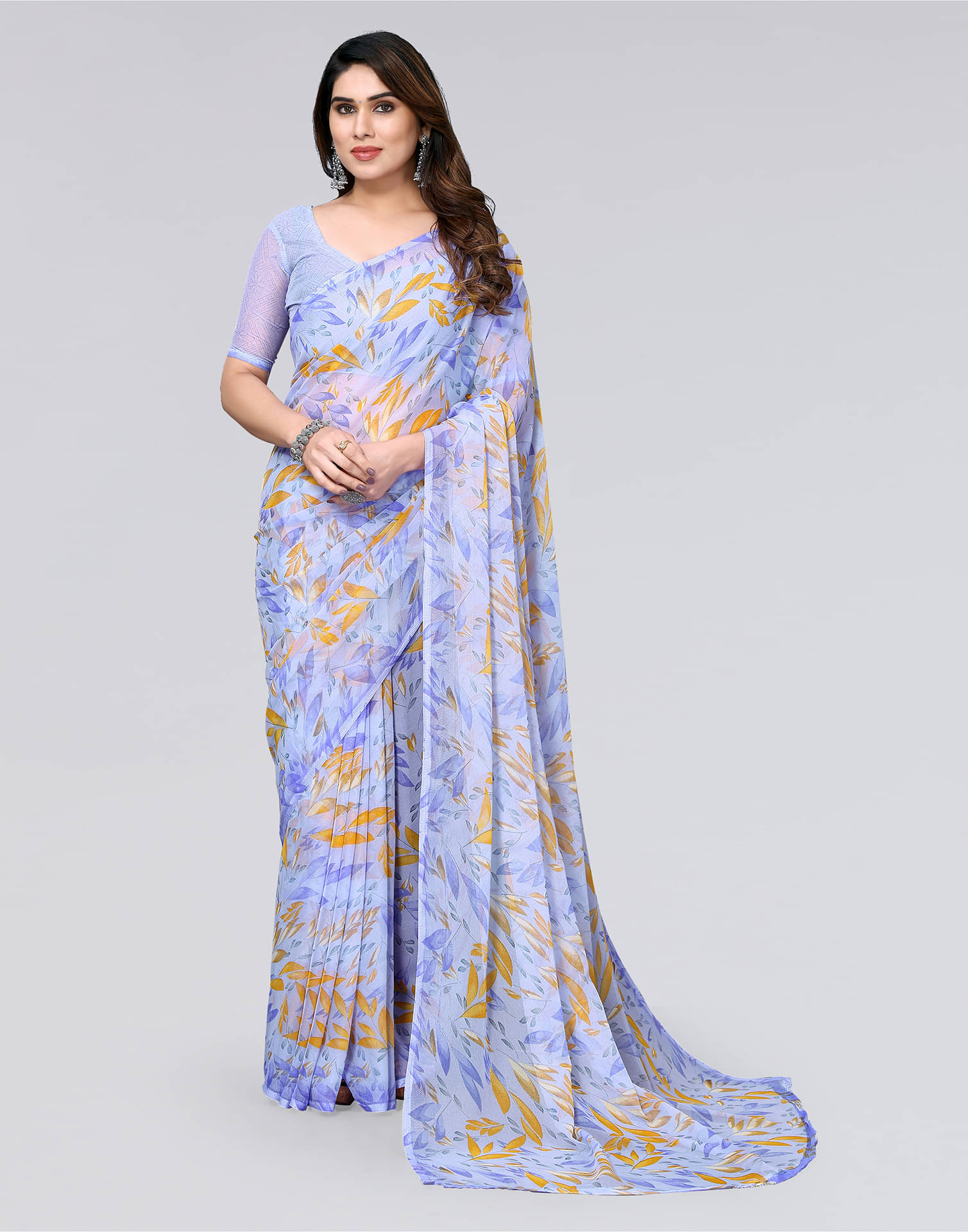 Samah Chiffon Printed Saree With Unstitched Blouse Piece ( Light Blue ) Samah Chiffon Printed Saree With Unstitched Blouse Piece ( Light Blue )