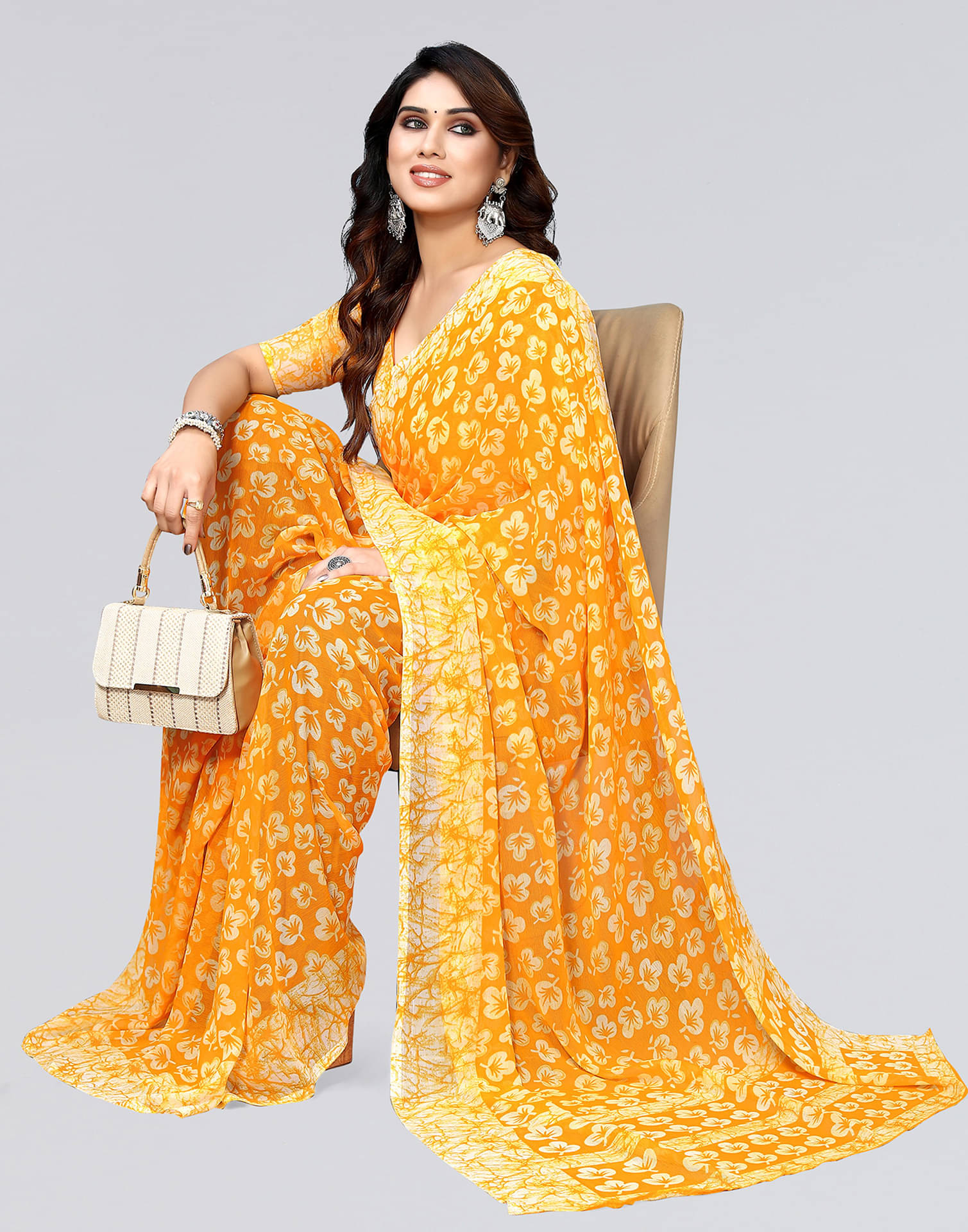 Samah Chiffon Printed Saree With Unstitched Blouse Piece ( Yellow ) Samah Chiffon Printed Saree With Unstitched Blouse Piece ( Yellow )