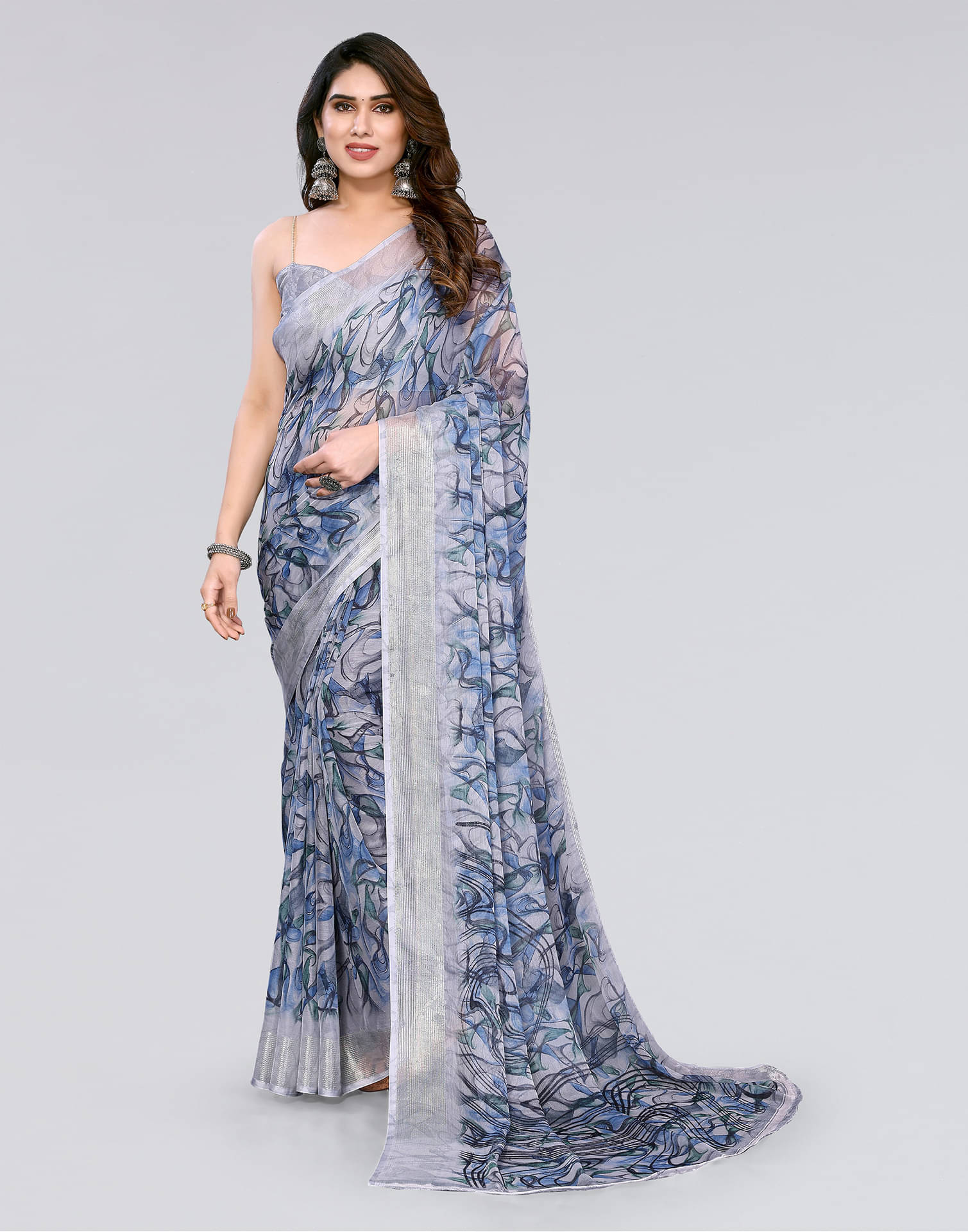     			Samah Chiffon Printed Saree With Unstitched Blouse Piece ( Grey Melange )