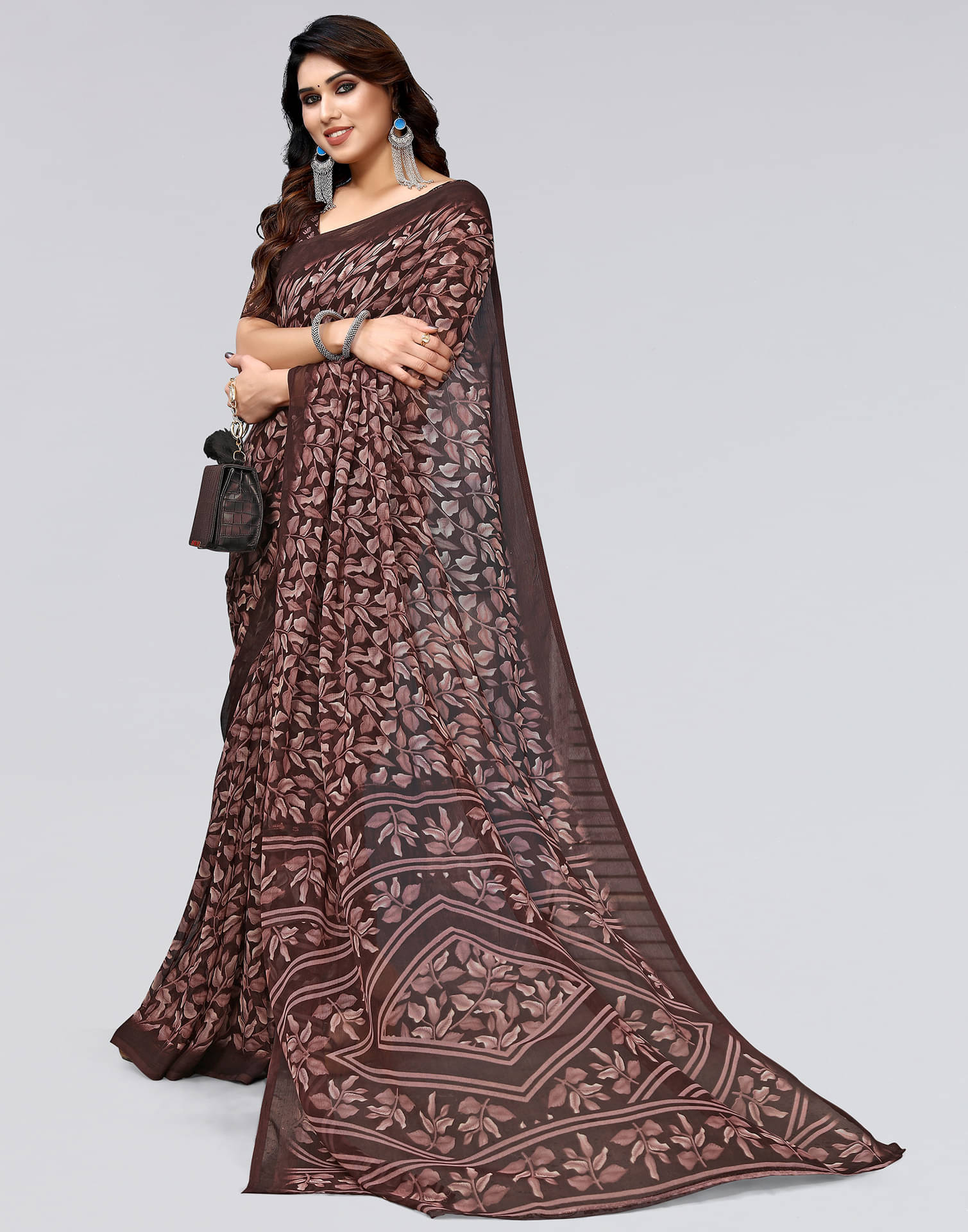 Samah Chiffon Printed Saree With Unstitched Blouse Piece ( Brown ) Samah Chiffon Printed Saree With Unstitched Blouse Piece ( Brown )