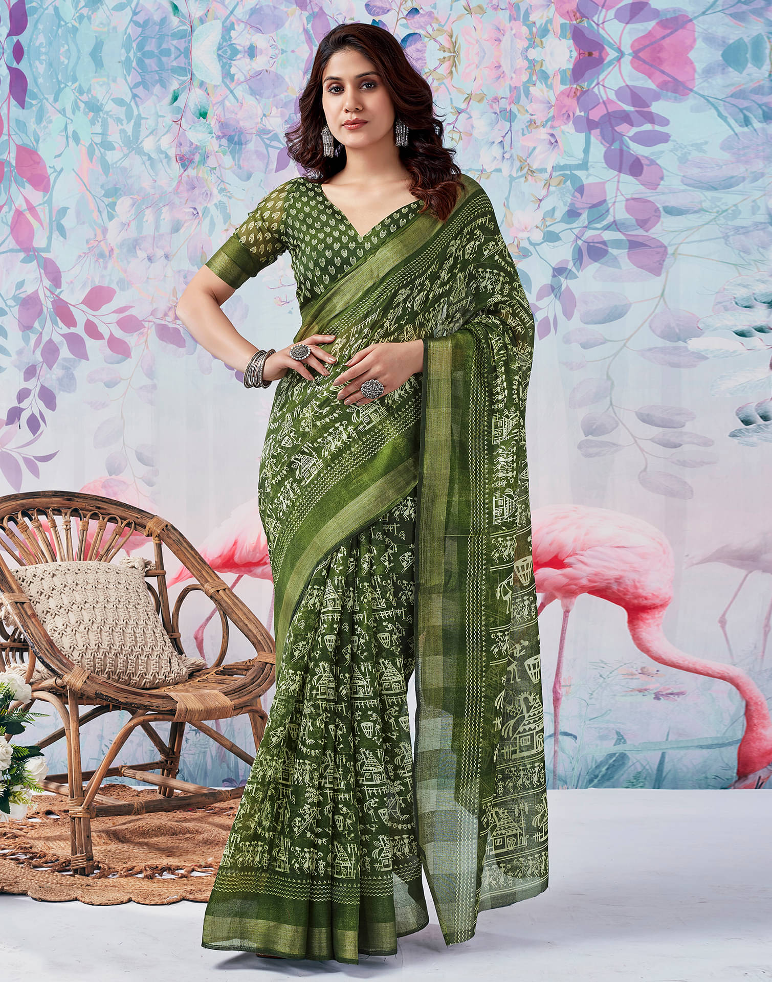     			Samah Cotton Blend Printed Saree With Unstitched Blouse Piece ( Olive )