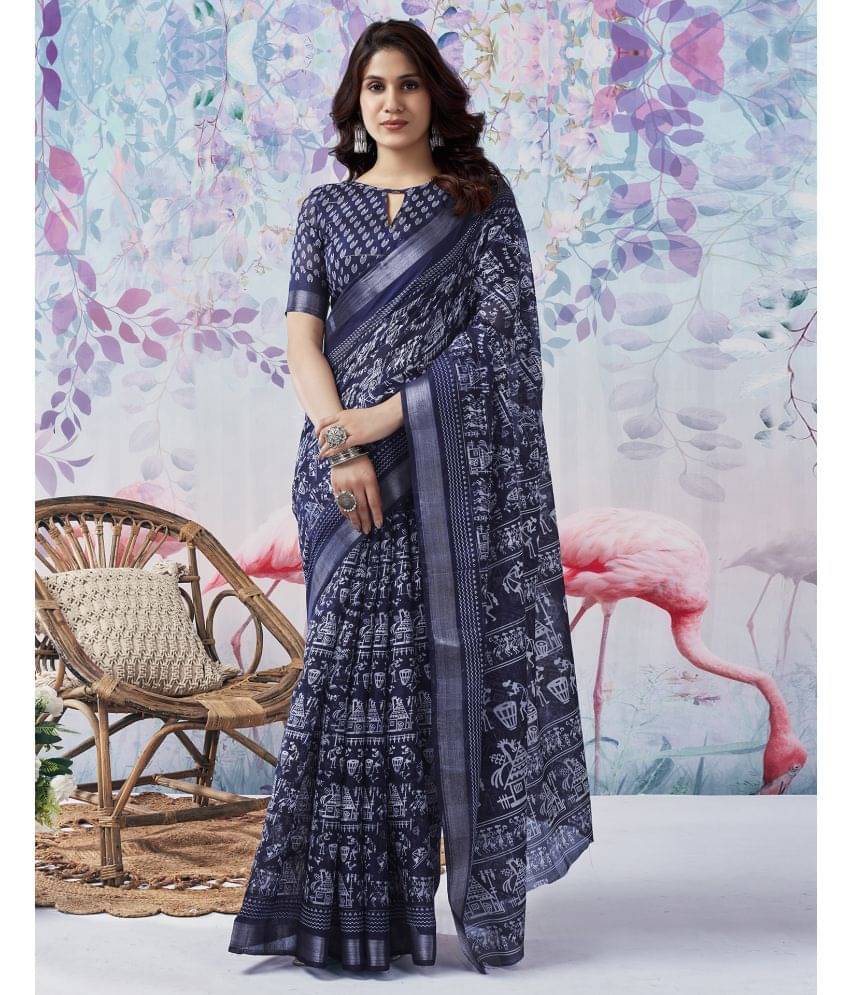 Samah Cotton Blend Printed Saree With Unstitched Blouse Piece ( Navy Blue ) Samah Cotton Blend Printed Saree With Unstitched Blouse Piece ( Navy Blue )