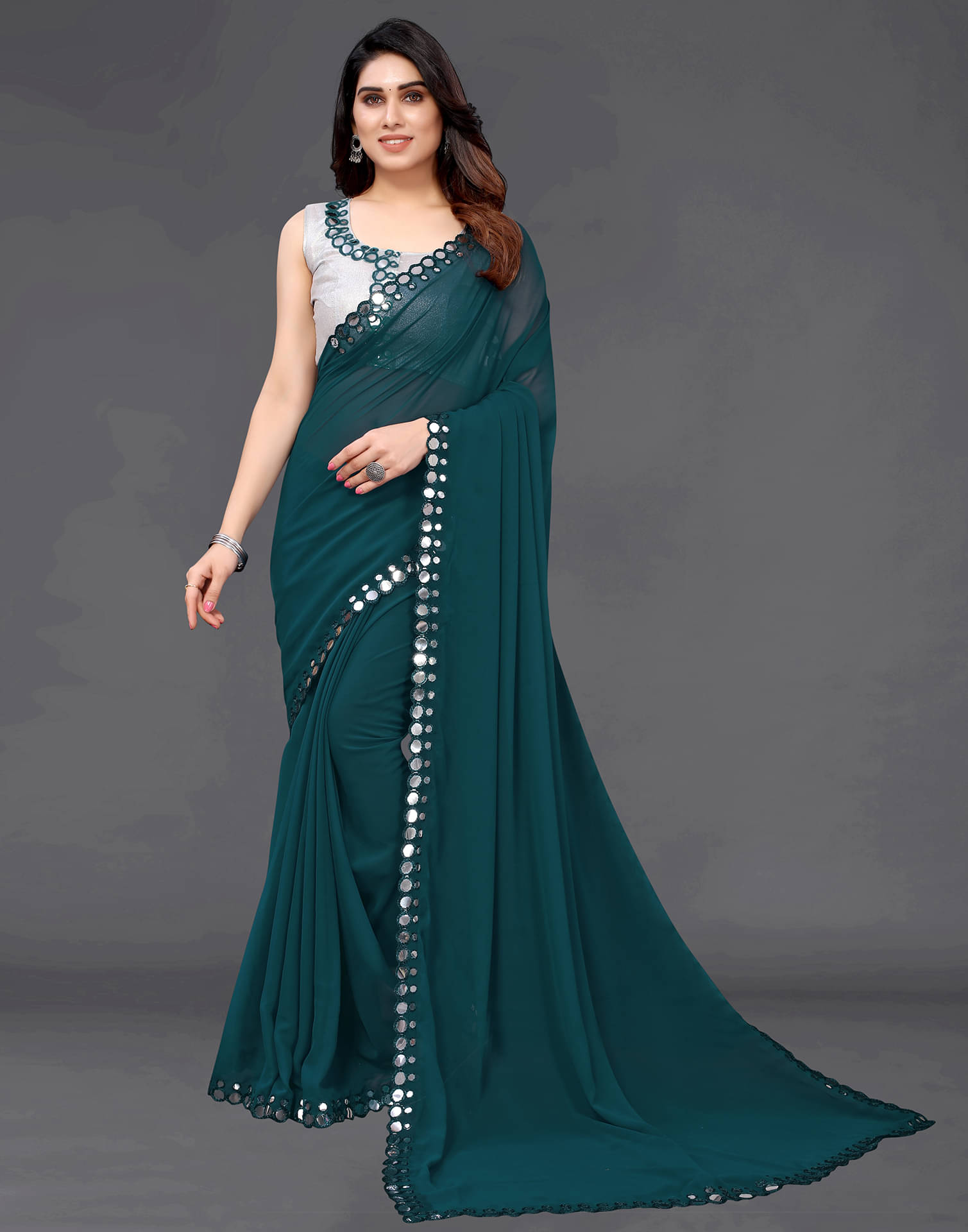 Samah Georgette Dyed Saree With Unstitched Blouse Piece ( Teal ) Samah Georgette Dyed Saree With Unstitched Blouse Piece ( Teal )