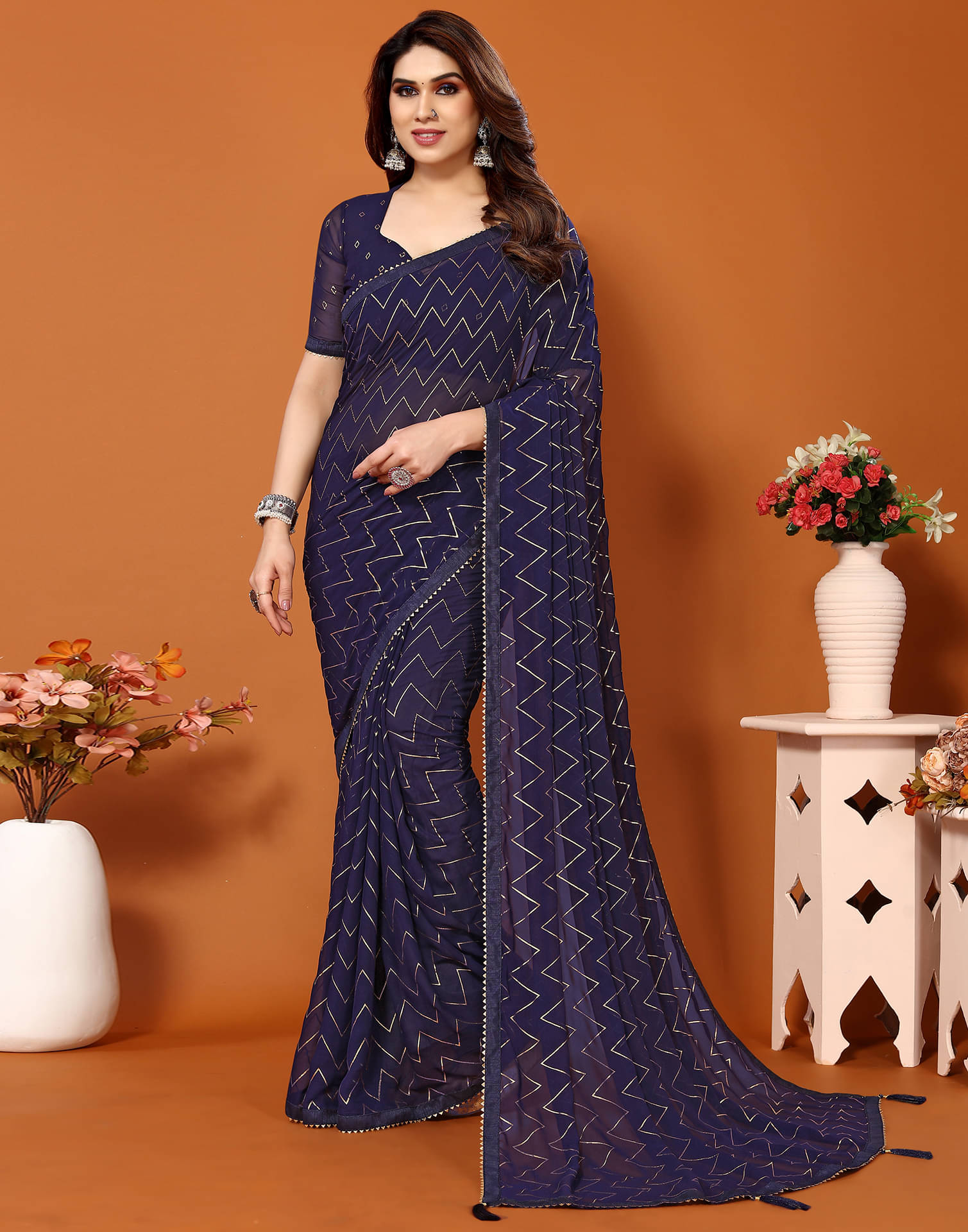 Samah Georgette Printed Saree With Unstitched Blouse Piece ( Blue ) Samah Georgette Printed Saree With Unstitched Blouse Piece ( Blue )