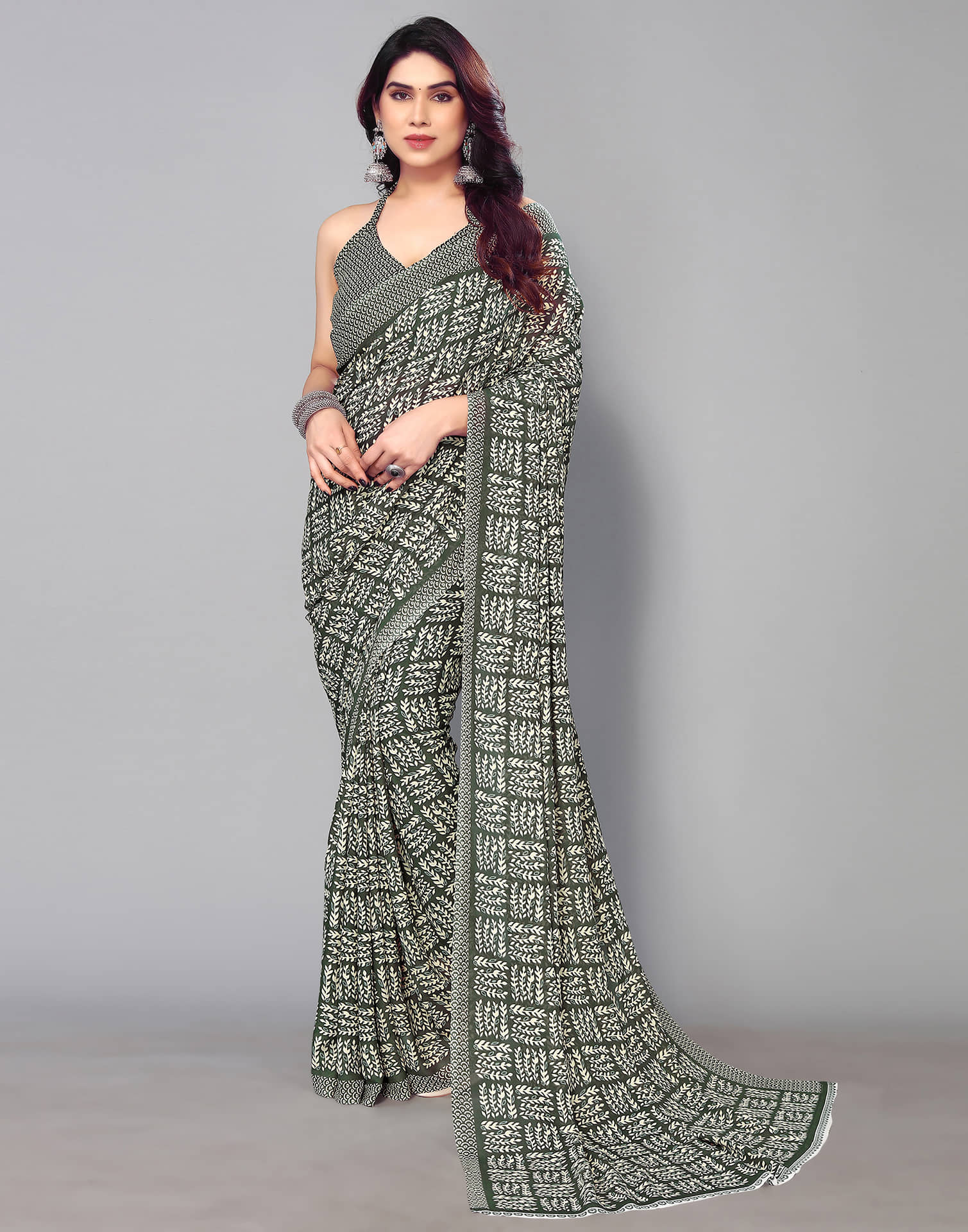 Samah Georgette Printed Saree With Unstitched Blouse Piece ( Rust ) - Sarees | Buy online on ZillyBuy