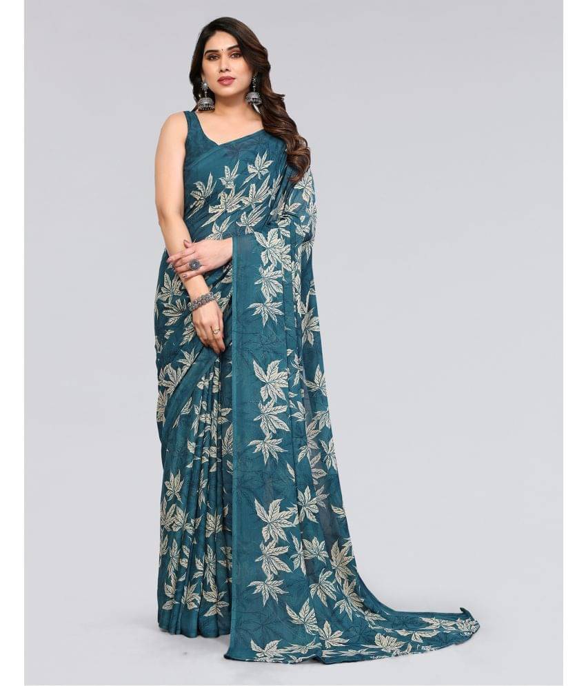     			Samah Georgette Printed Saree With Unstitched Blouse Piece ( Teal )